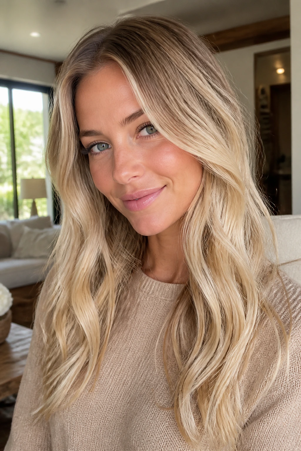 Medium close-up of a real woman with cream soda blonde hair and beige base