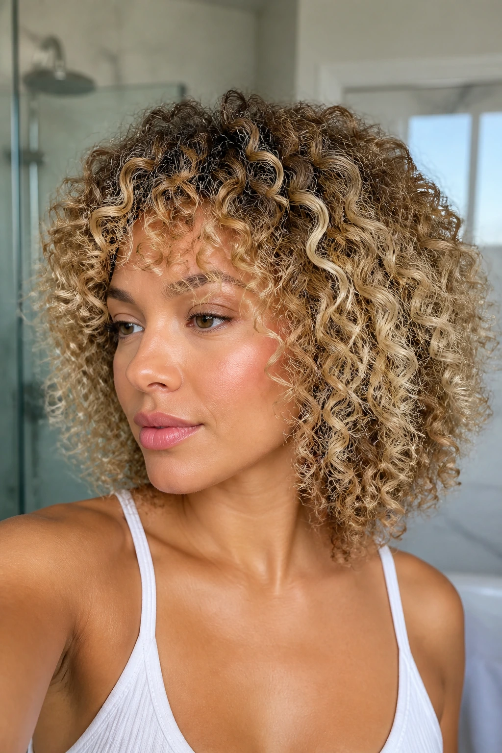 Close-up of curly hair with cream soda blonde melt and darker roots