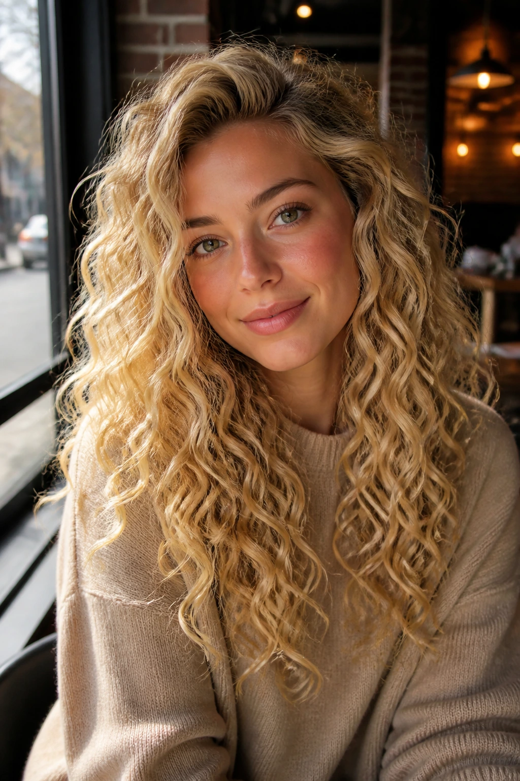 Close-up of a real woman with long curly hair in cream soda beige blonde tones
