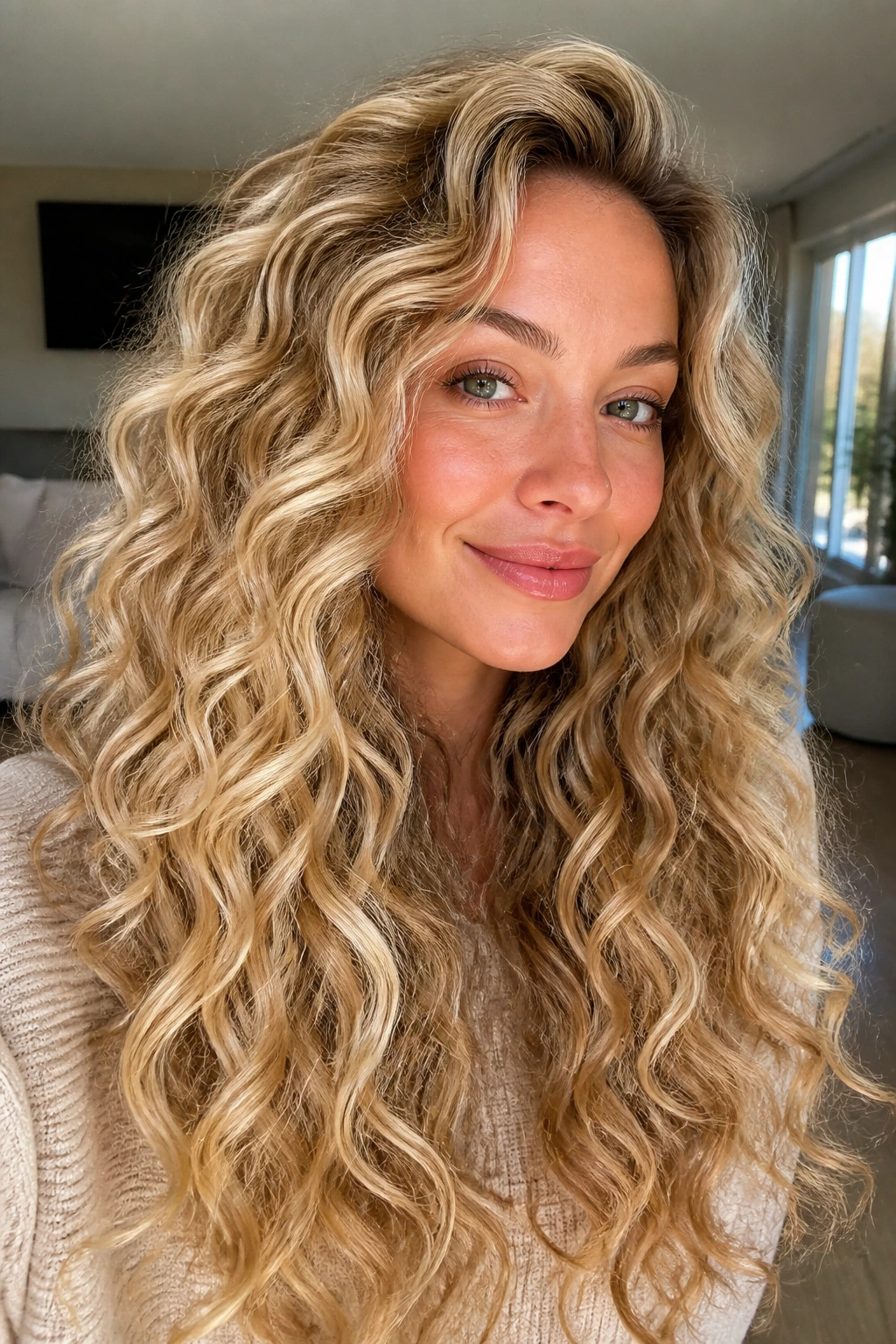 Real woman with cream soda blonde curls, dimensional warm blonde with bright ribbons.