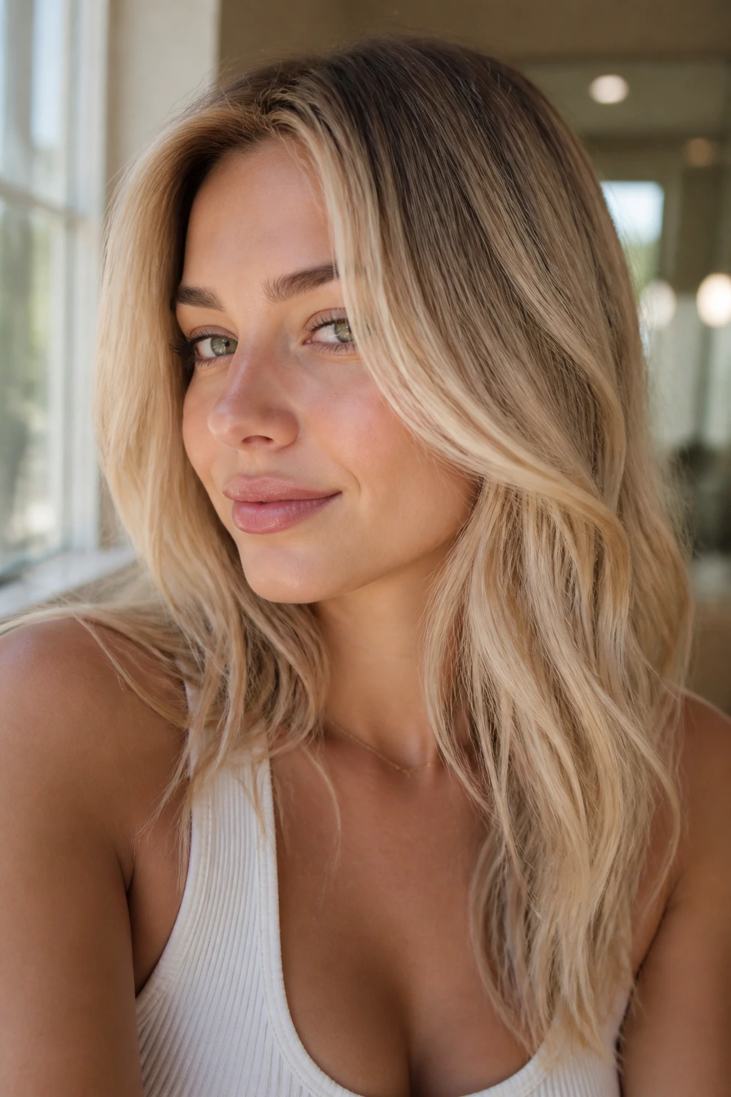 Close-up of a real woman with cream soda blonde hair in soft natural light