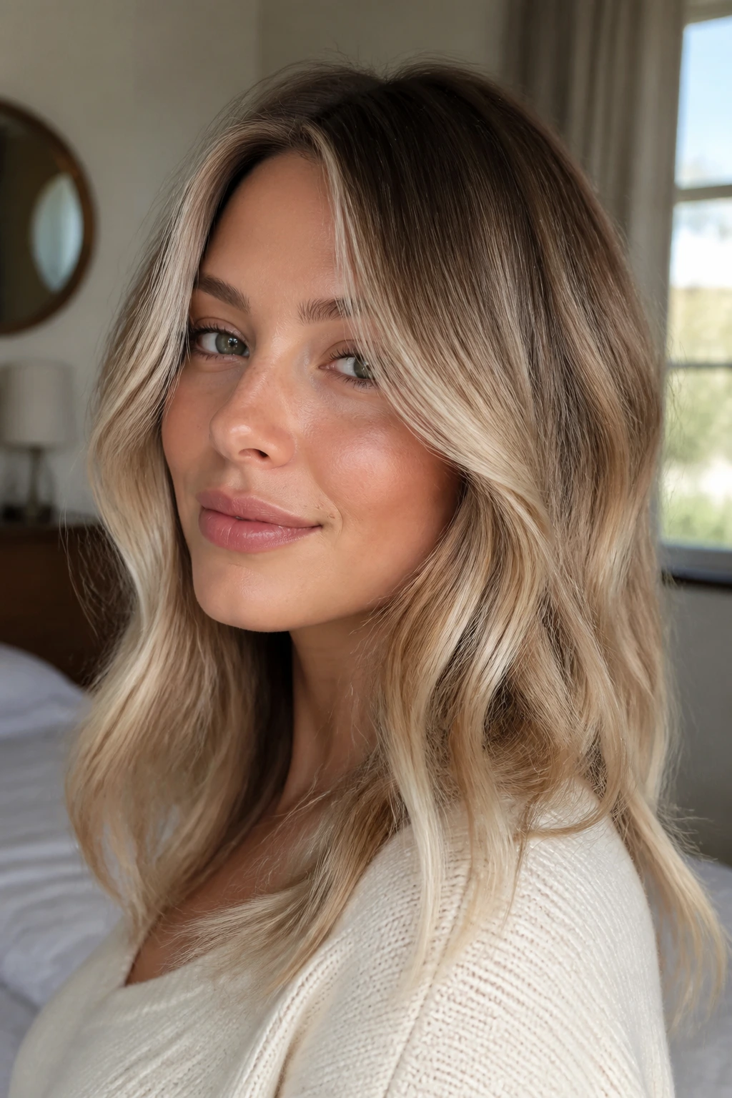 Close-up of a real woman with cream soda blonde hair featuring a beige-brown base and soft root melt.
