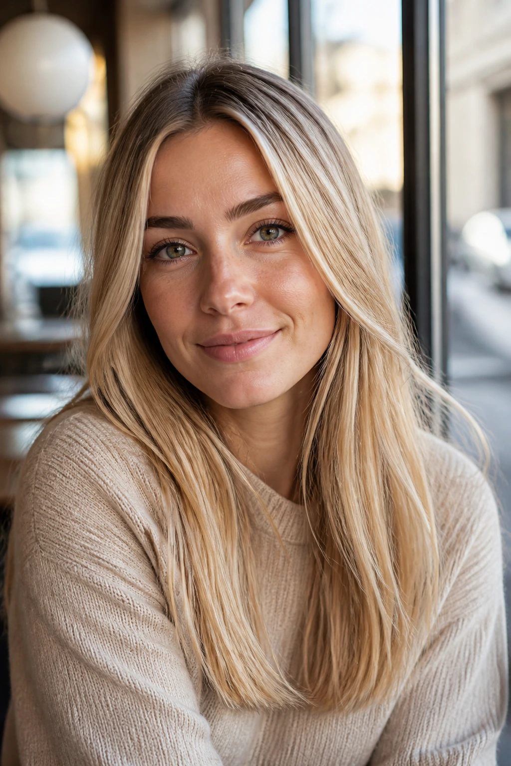 Close-up portrait of a real woman with cream soda blonde hair and soft root blur.