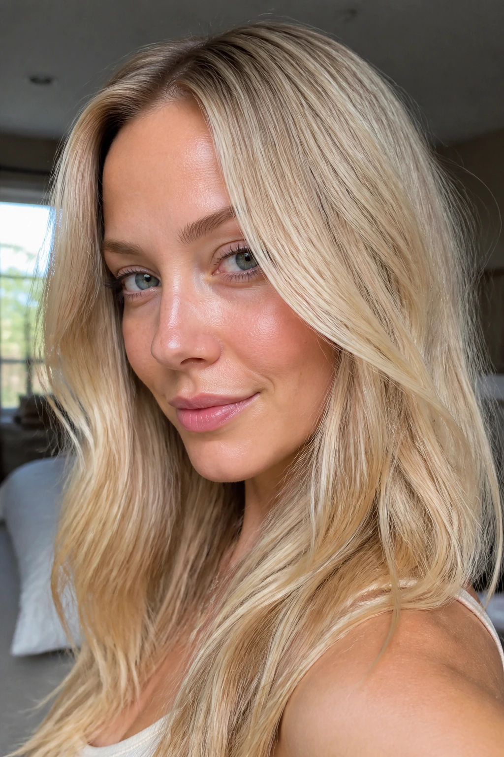 Close-up of a real woman with creamy pale blonde hair in natural window light