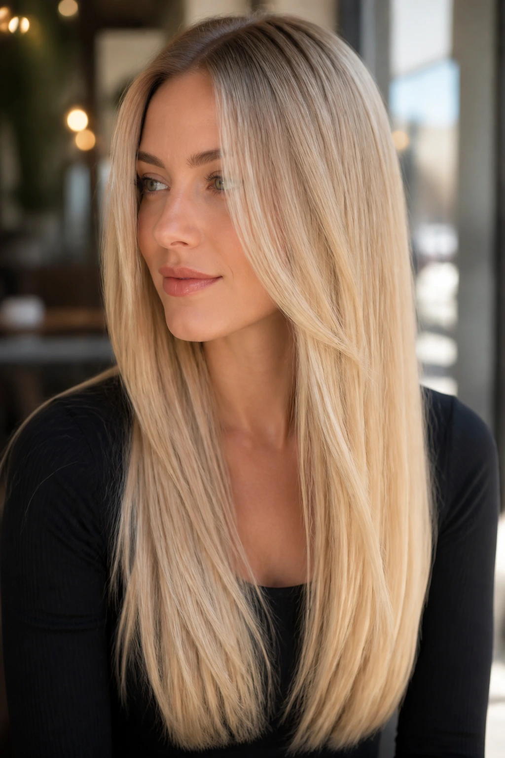 Close-up portrait of cream soda blonde hair on a real woman