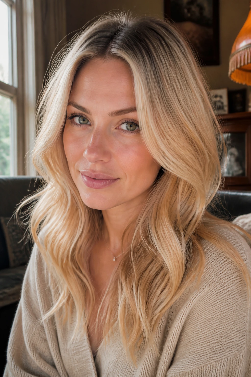 Real woman with cream soda blonde hair and soft root in a cozy living room