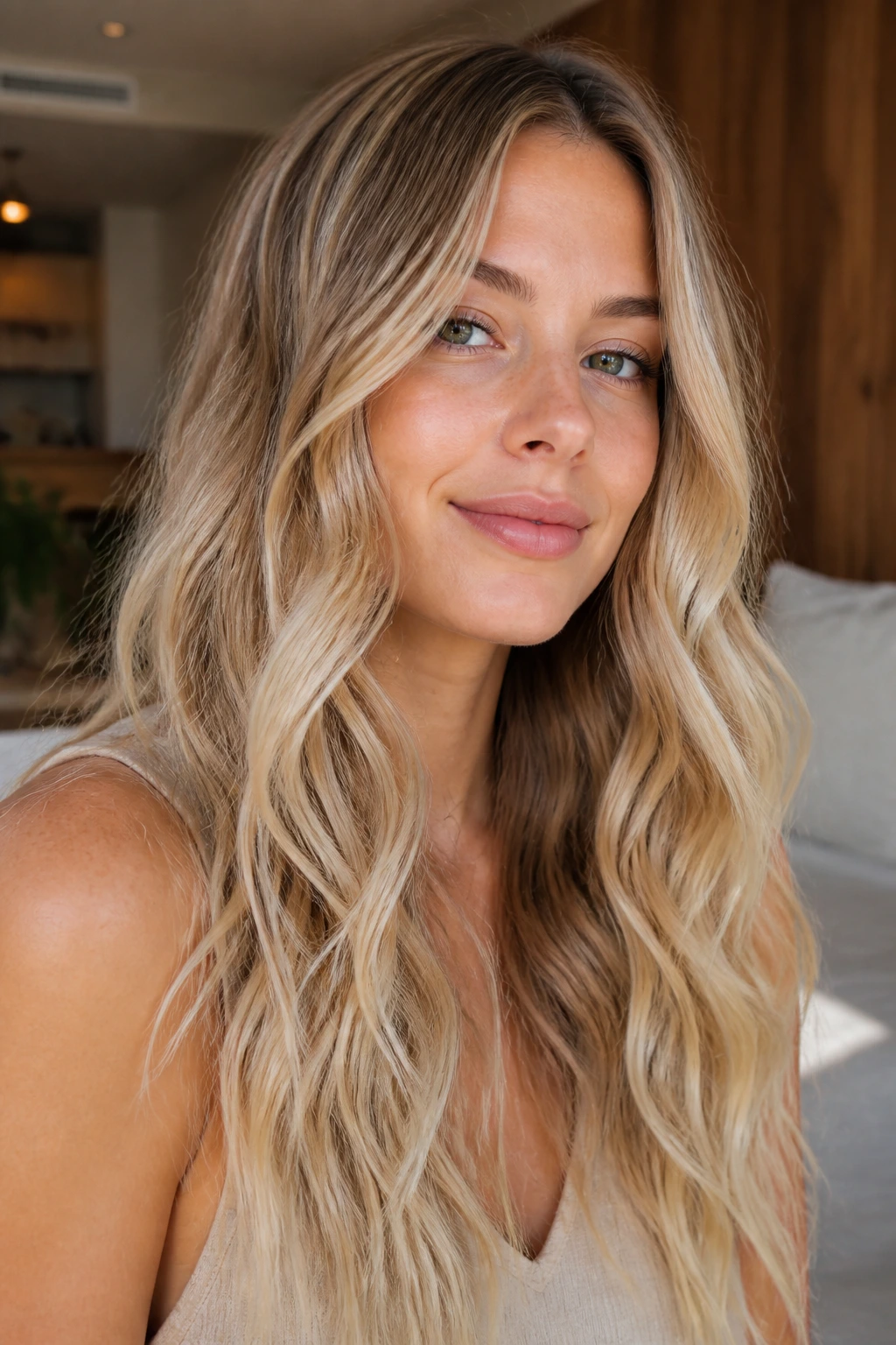 Cream soda blonde melt with beige to brighter ends on long waves