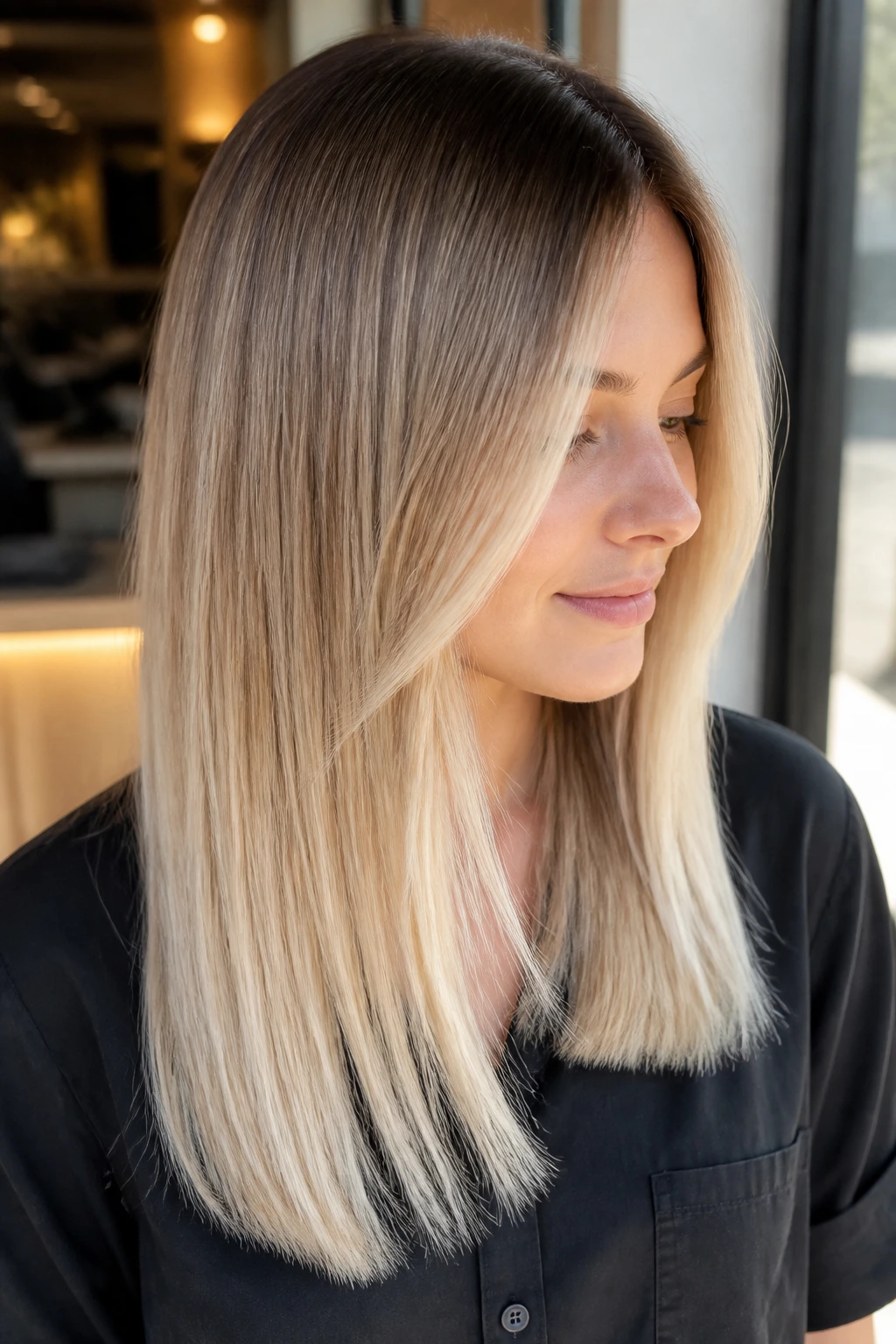 Close-up of real person with cream soda blonde melt on straight hair