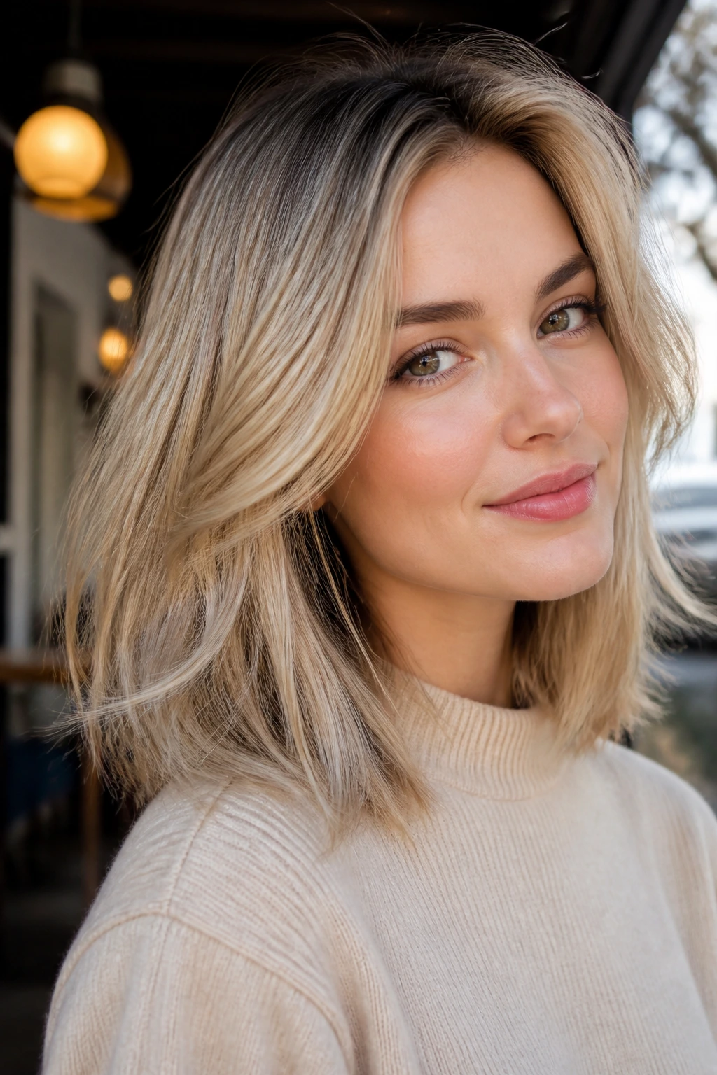 Portrait of a woman with cream soda blonde mid-length hair