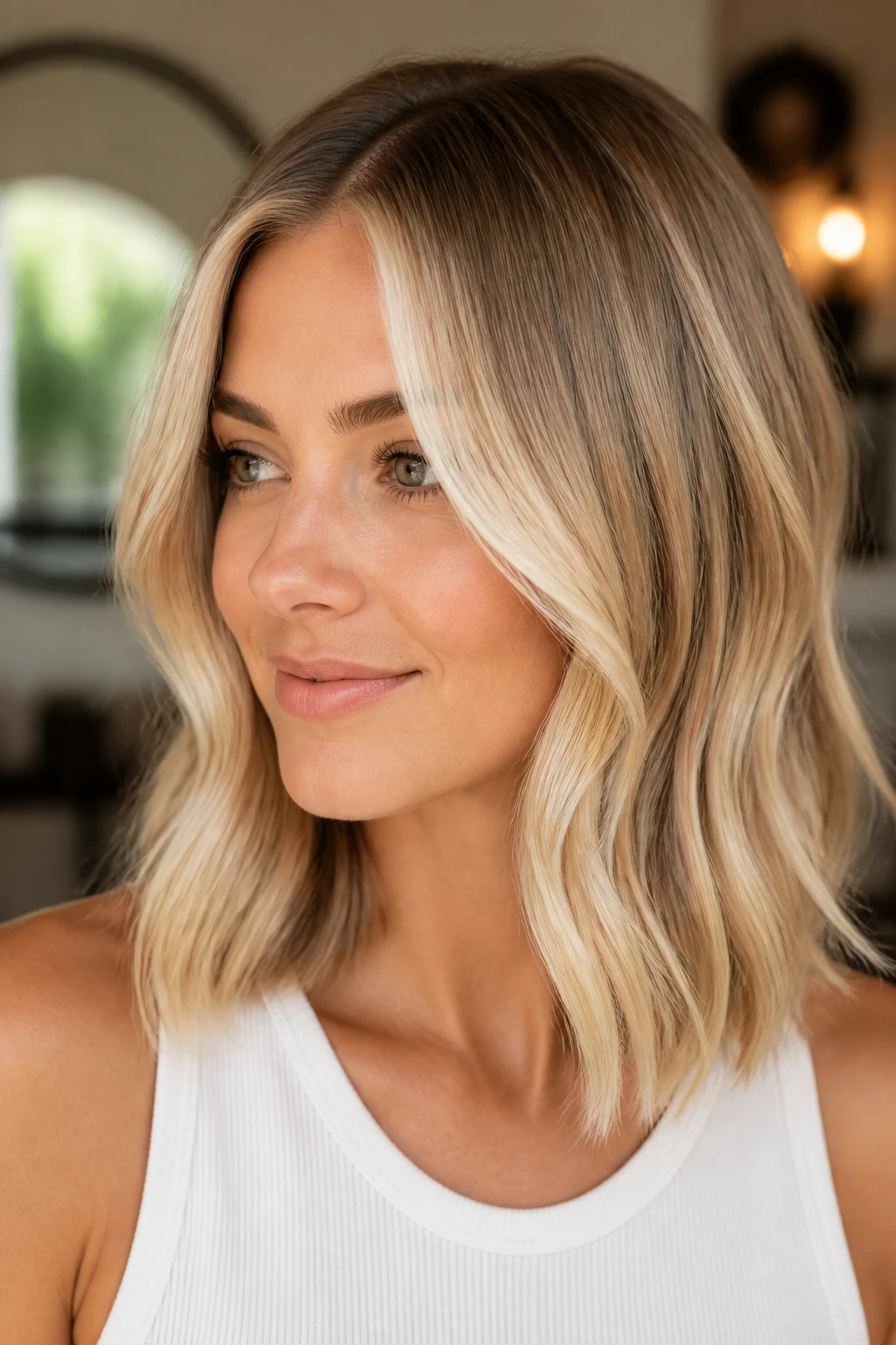 Close-up of a real woman with cream soda blonde and a bright money piece