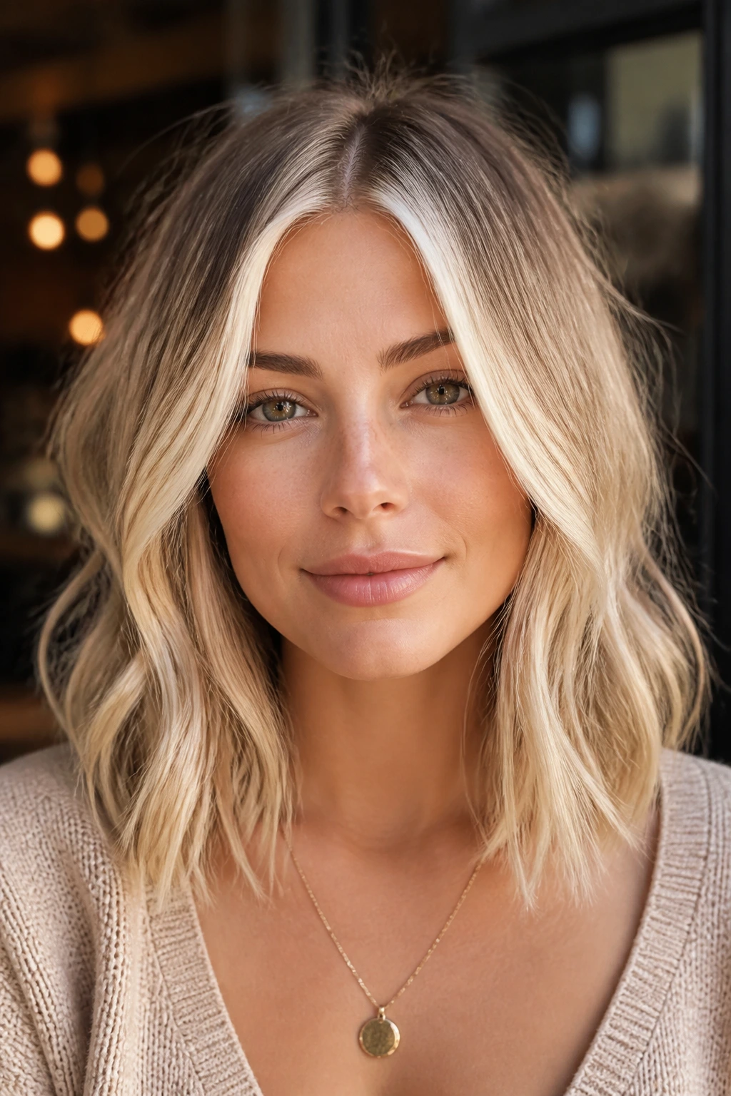 Close-up portrait of a woman with cream soda blonde and bright money piece