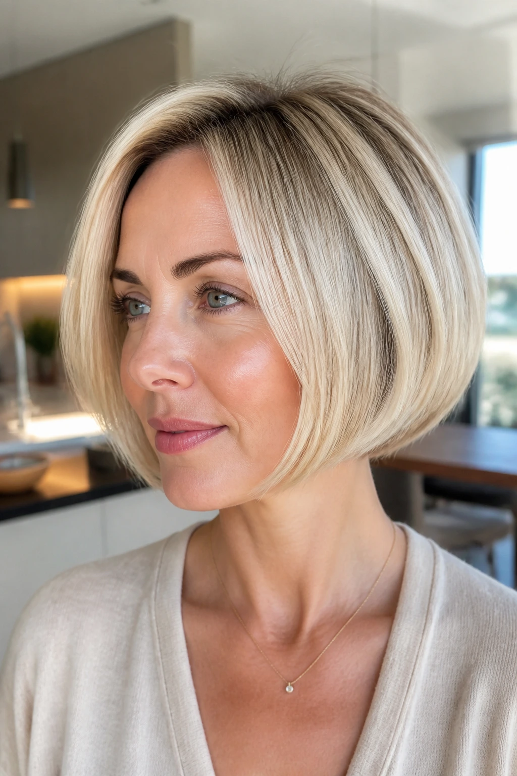 Close-up of a real woman with cream soda blonde pageboy under warm indoor light