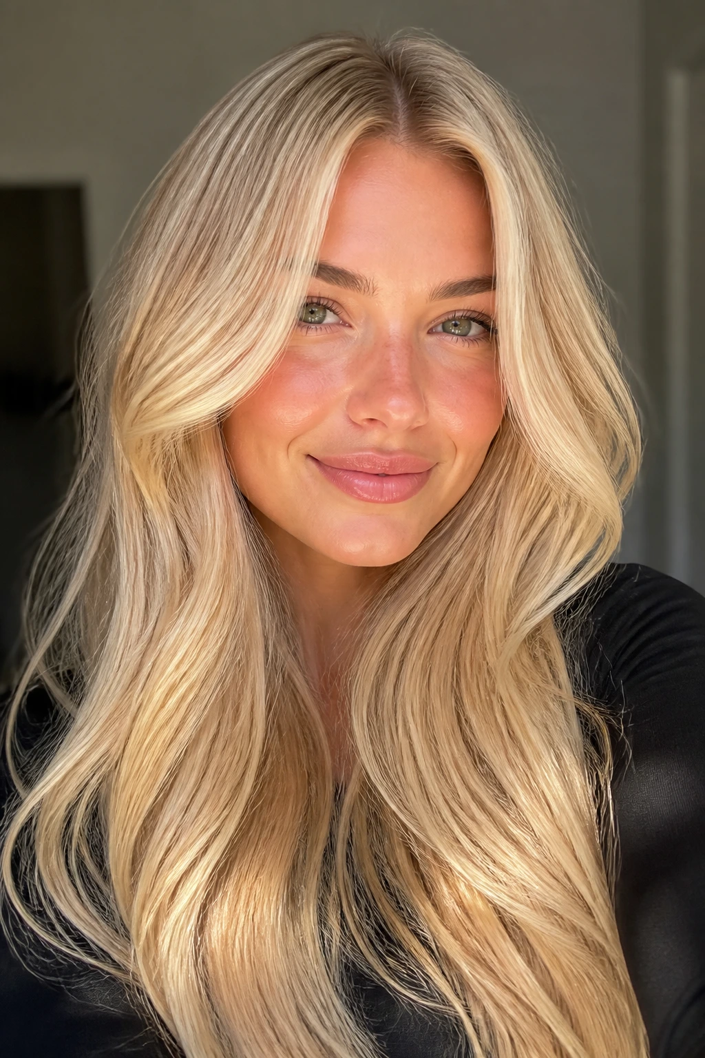 Portrait of woman with cream soda blonde hair catching light