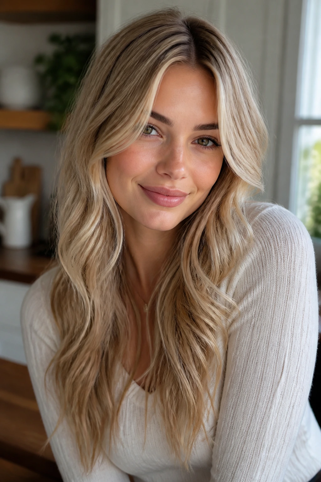Portrait of a woman with cream soda blonde and subtle root lift