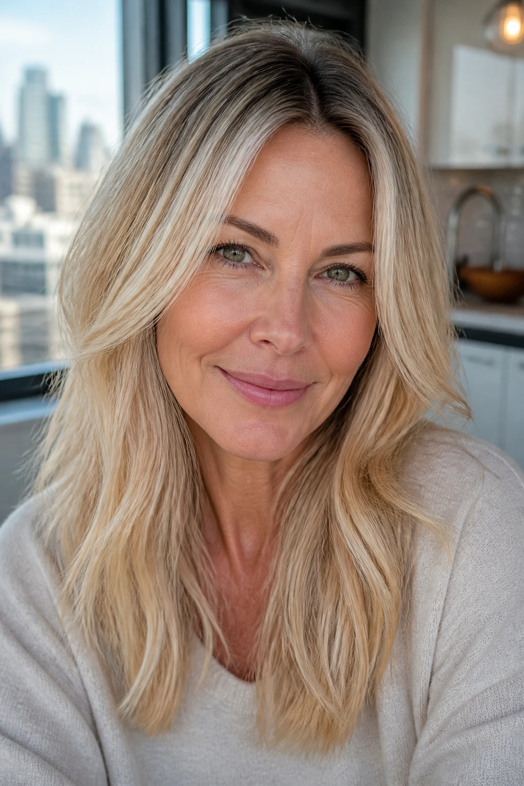 Cream soda blonde with darker root to lighter ends on a real woman.