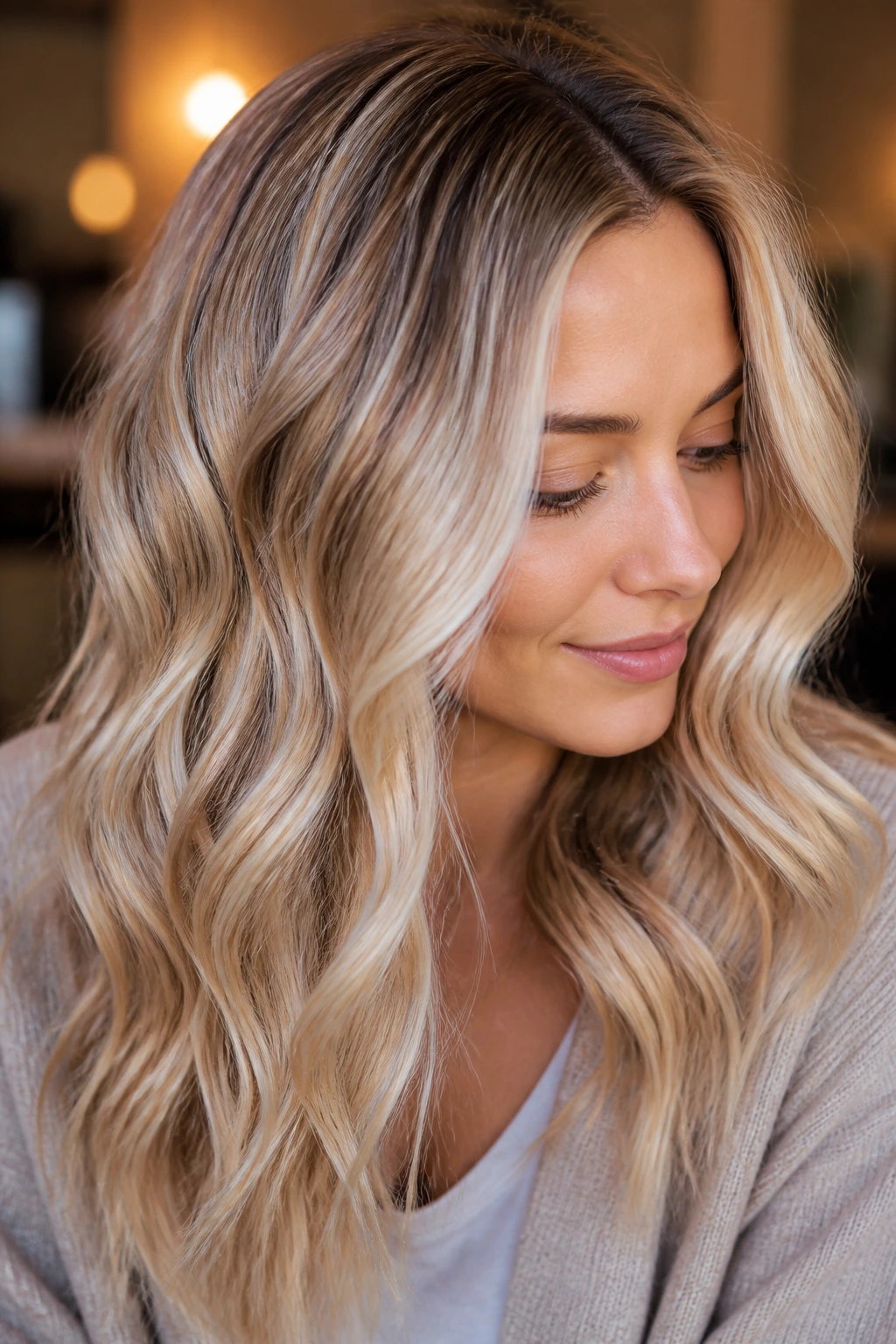 Close-up of a real woman with cream soda blonde hair and a deep root shadow