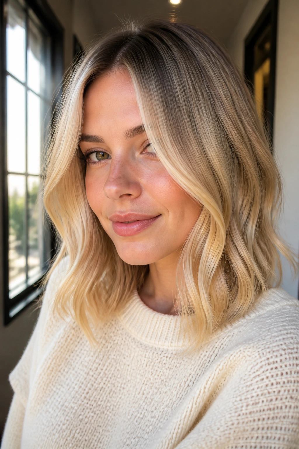 Real person with cream soda blonde hair and a shadow root in natural light
