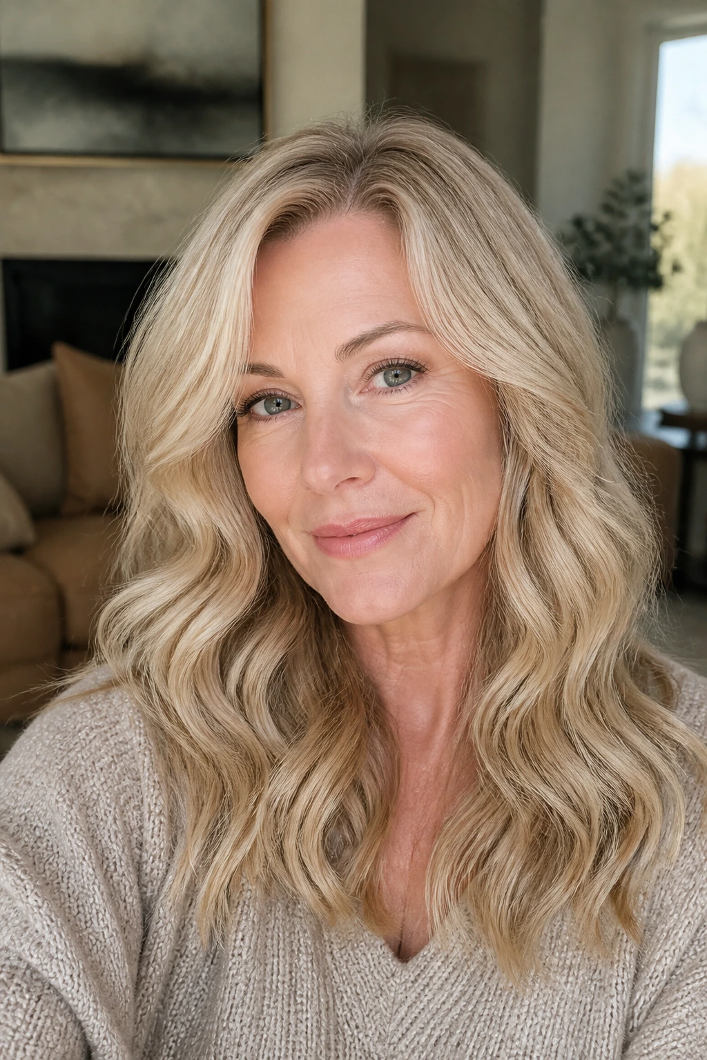 Close-up portrait of a real woman with cream soda blonde on thick, wavy hair in soft daylight