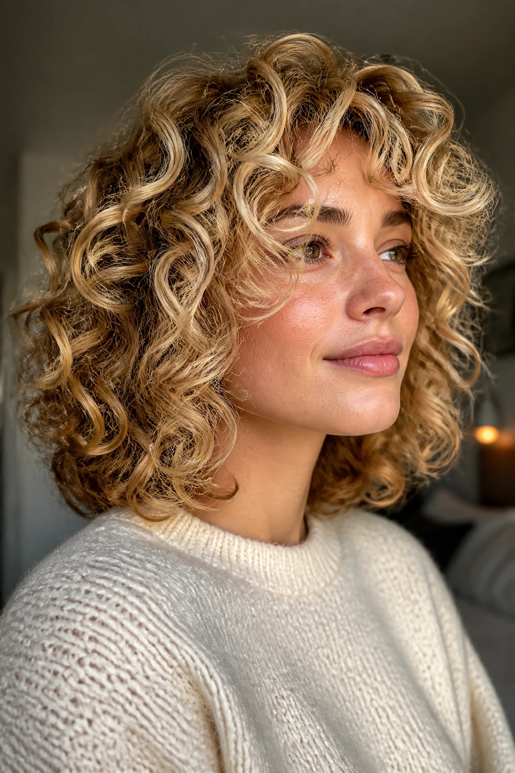 Close-up of a real woman with cream soda blonde curls