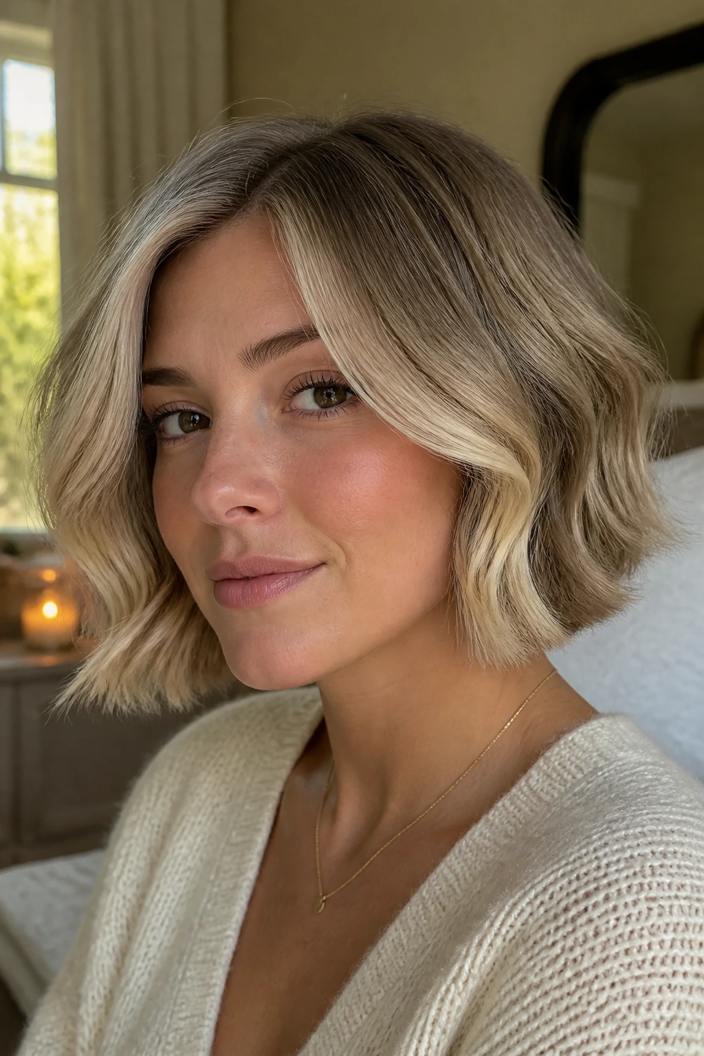 Close-up of cream soda face frame on a short wavy bob