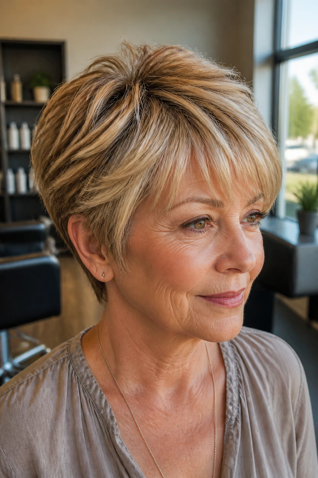 Close-up portrait of a woman with a feathered pixie and cream soda highlights in warm window light.