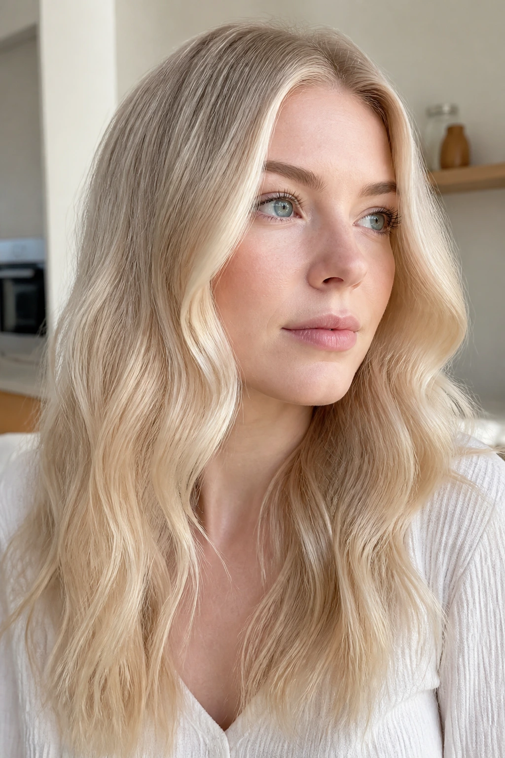 Close-up portrait with cream soda ice blonde hair and pale skin