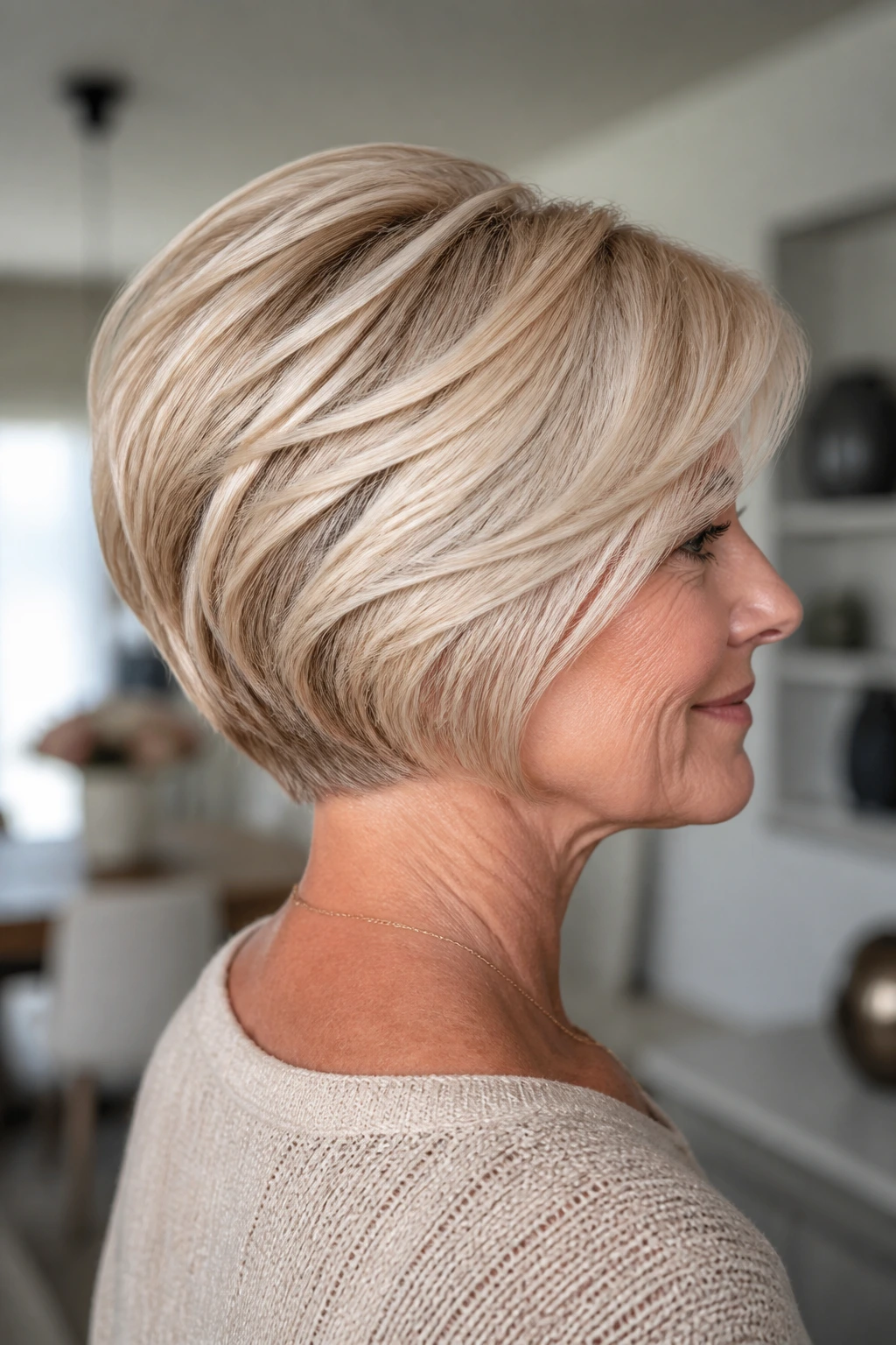 Woman with cream soda wedge haircut close-up