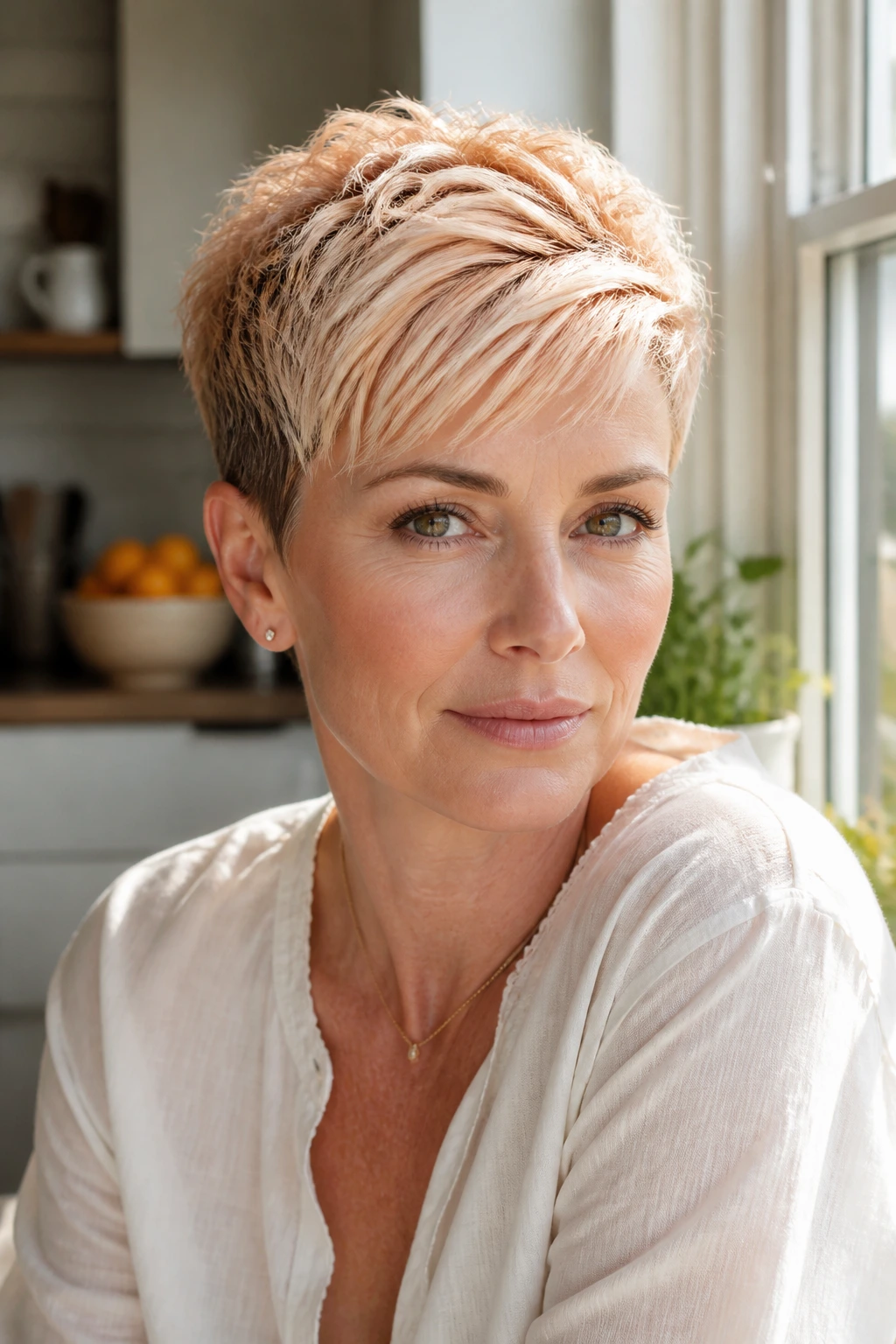 Close-up portrait of a real woman with creamsicle blonde pixie hairstyle.