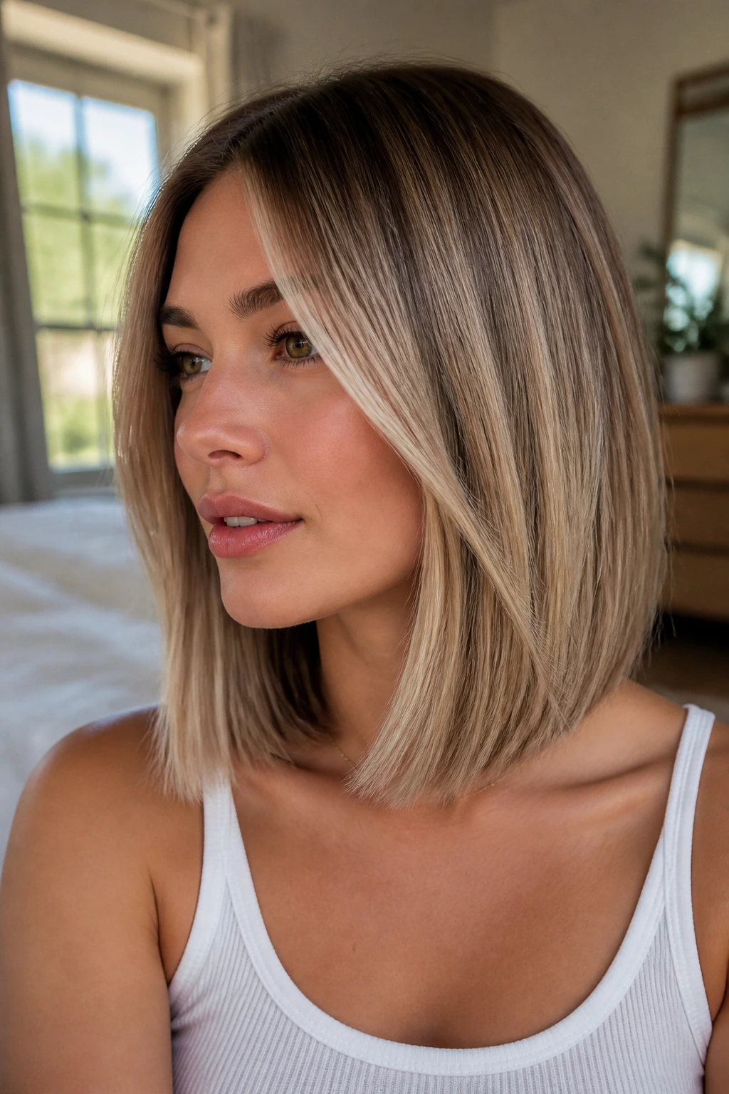 Close-up of real person with creamy balayage on collarbone-length lob