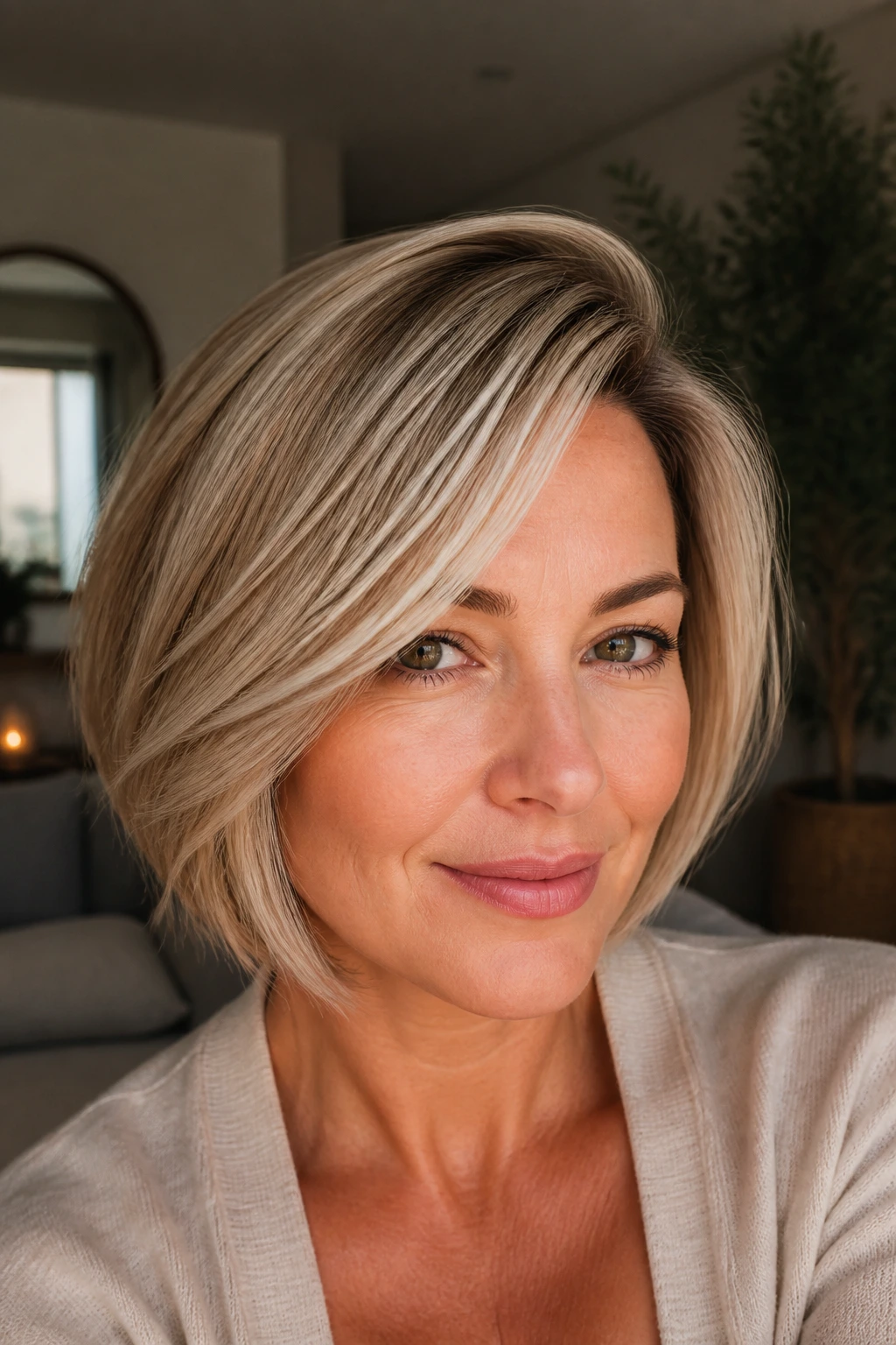 Close-up of a real woman with a creamy beige bob swept to the side