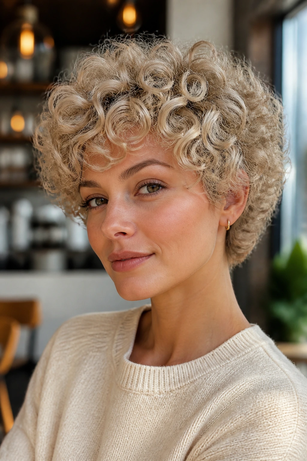 Close-up of a real woman with creamy beige curly crop hairstyle