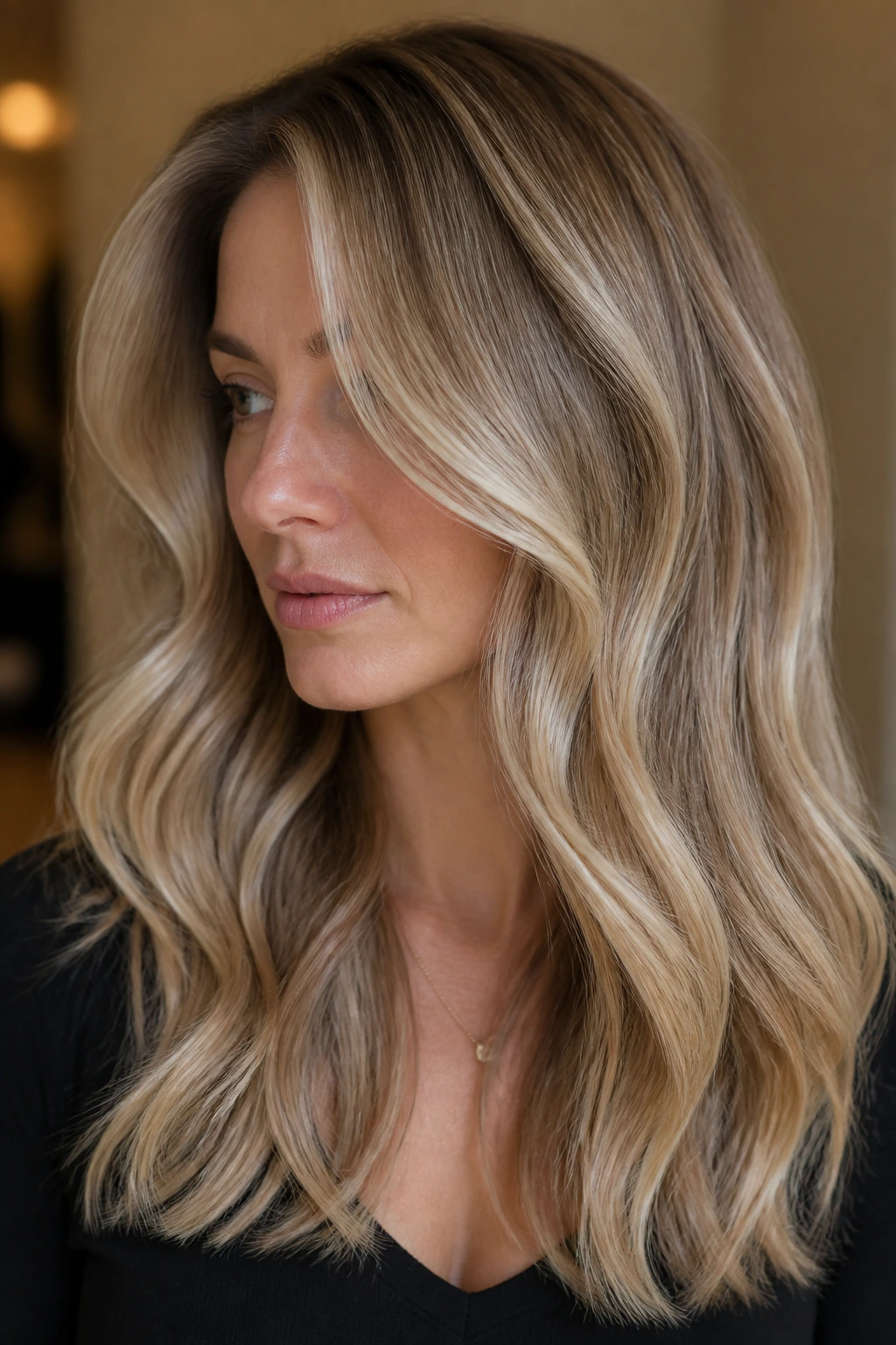 Close-up of dark blonde hair with creamy beige foil ribbons