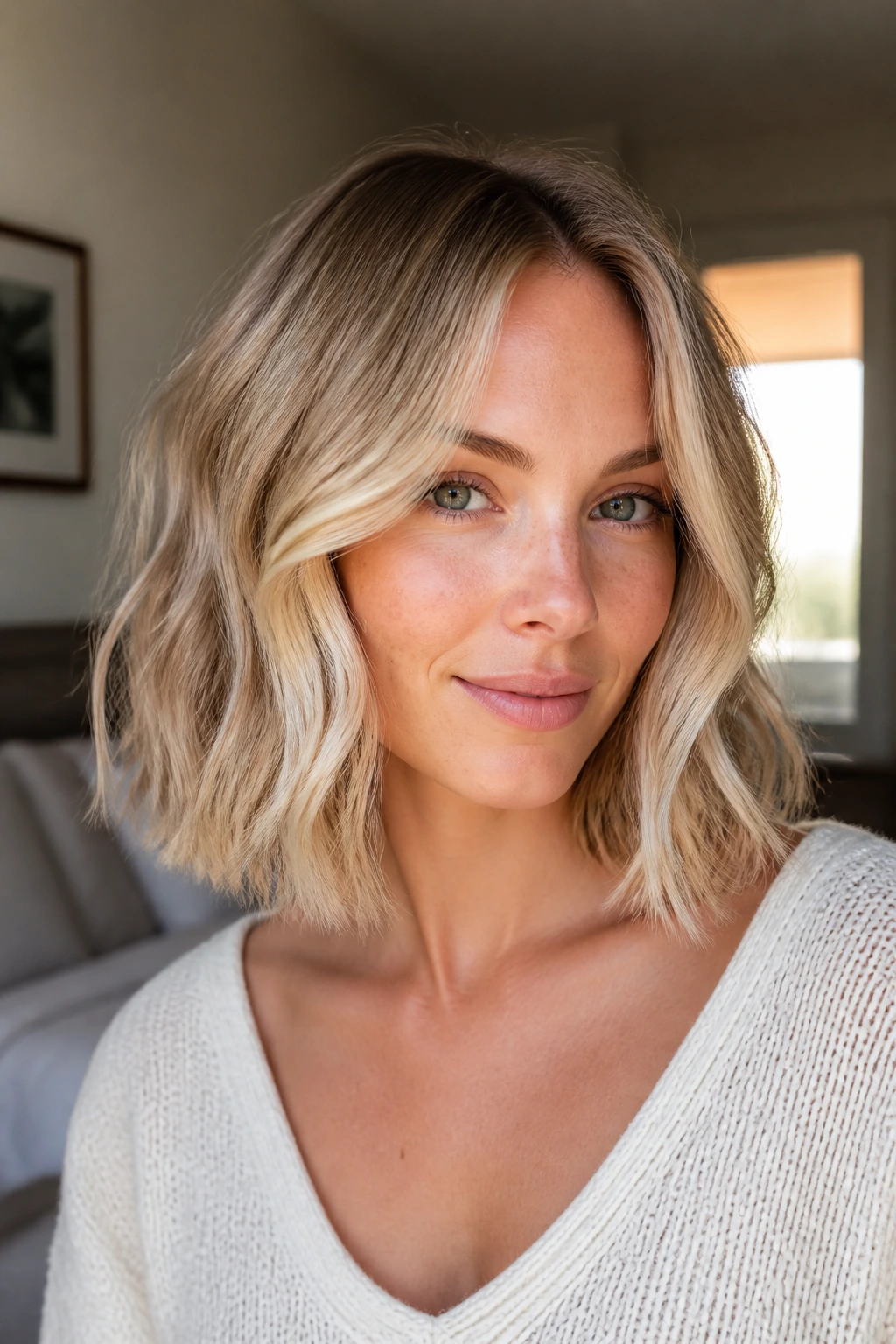 Close-up portrait of a woman with creamy collarbone-length blonde hair in warm window light