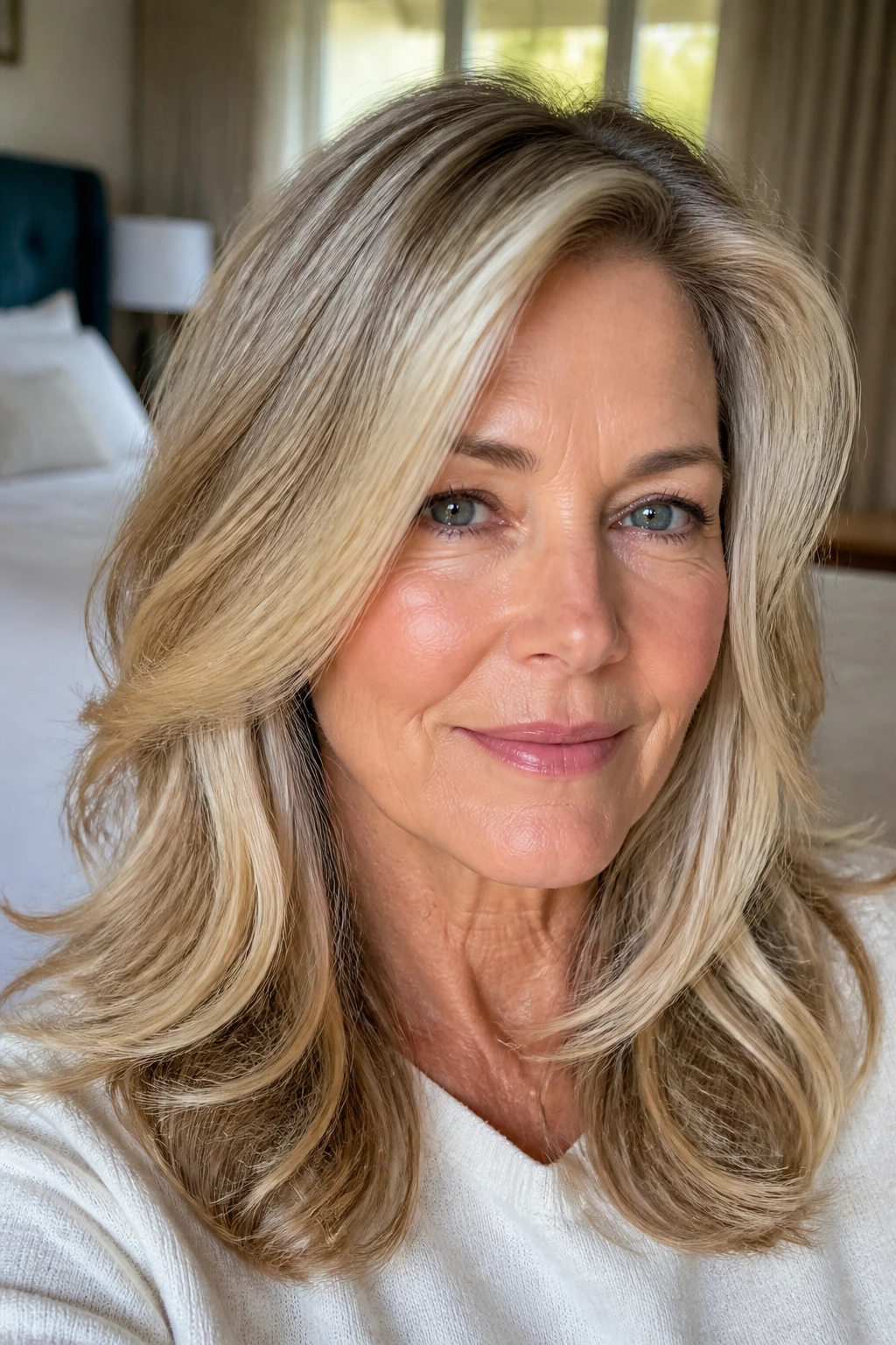 Close-up portrait of a real woman with creamy blonde hair featuring beige and vanilla tones and subtle root shadow.