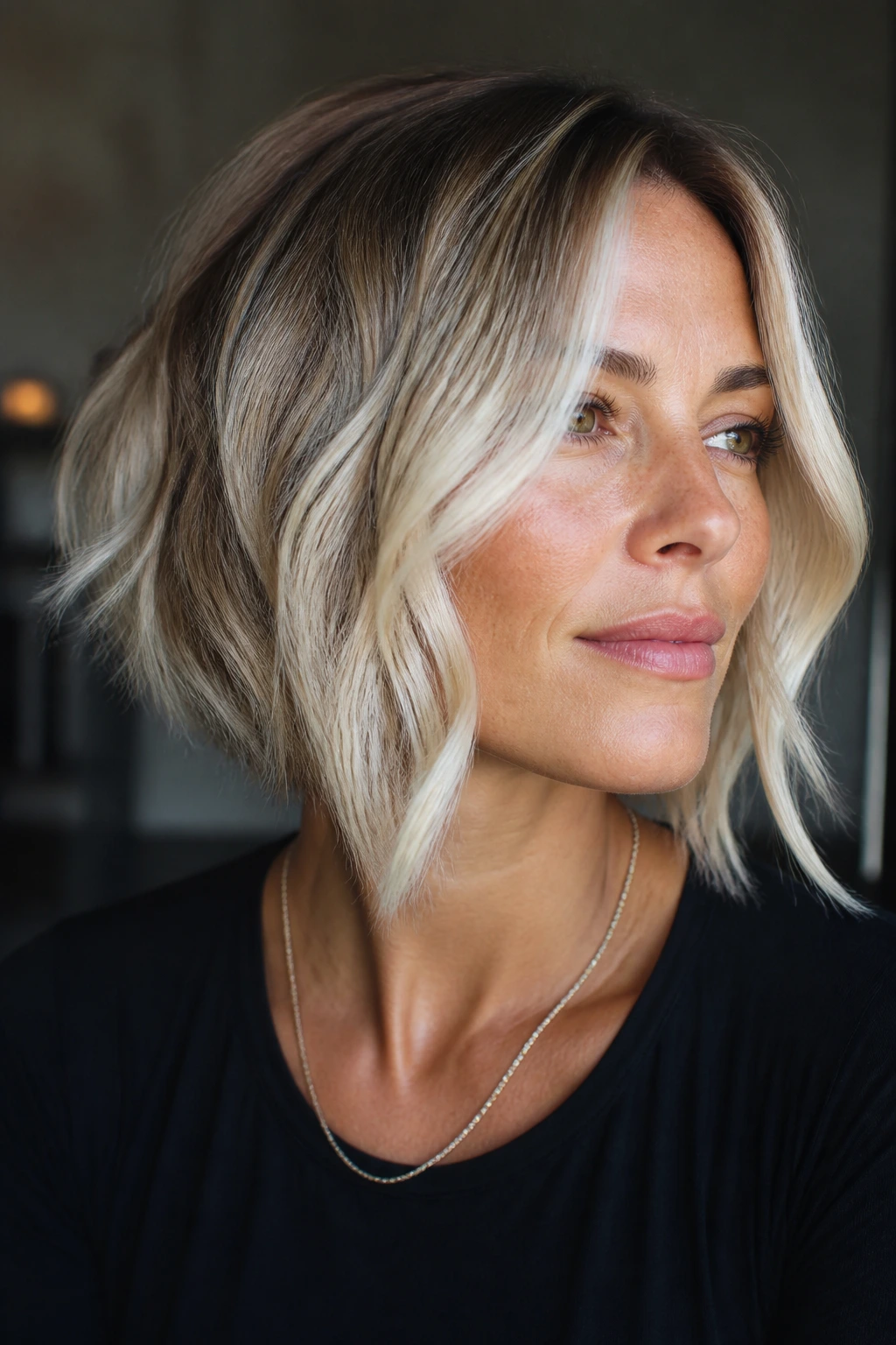 Close-up of a real woman with a creamy blonde inverted bob in soft light
