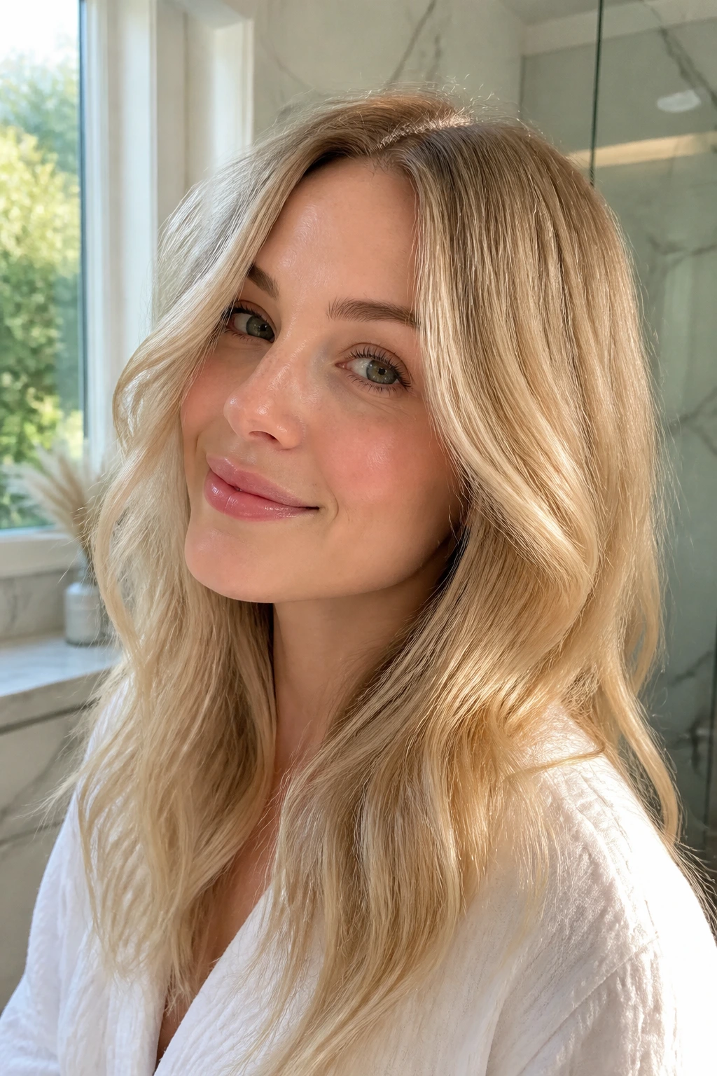 Portrait of a woman with creamy beige-blonde hair in a bright bathroom