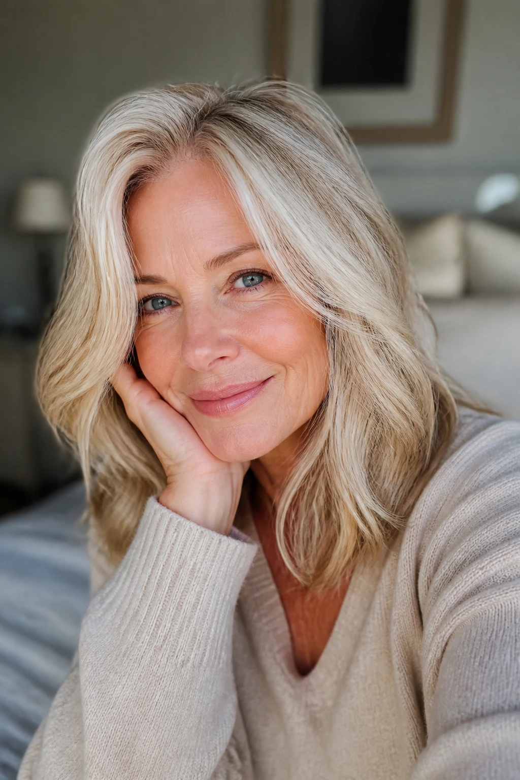 Close-up portrait of an older woman with creamy blonde hair in soft window light