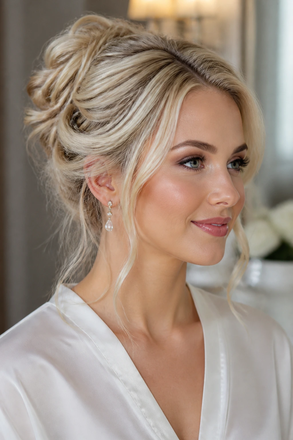 Portrait of a woman with a creamy blonde updo