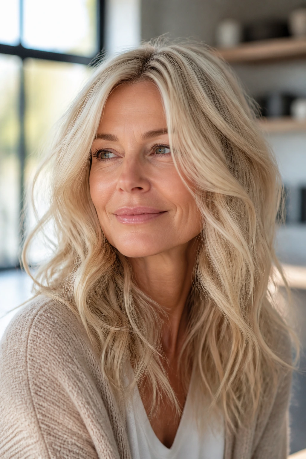 Portrait of a real woman with softly waved creamy blonde hair in a sunlit room