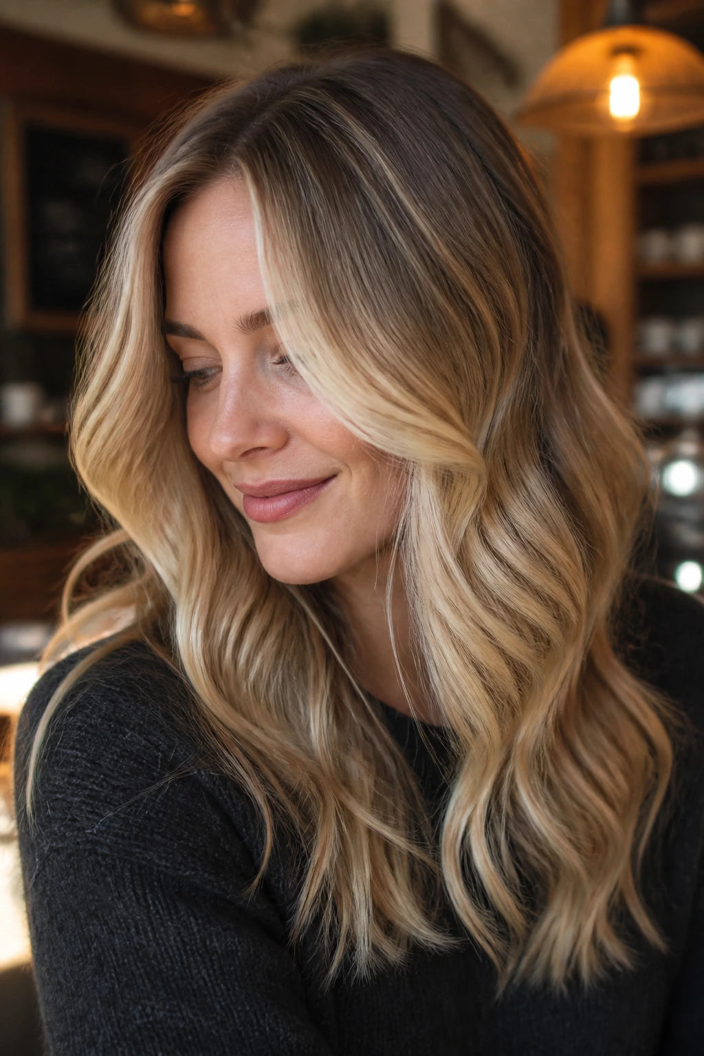 Close-up portrait of a real woman with creamy buttercream balayage and soft waves