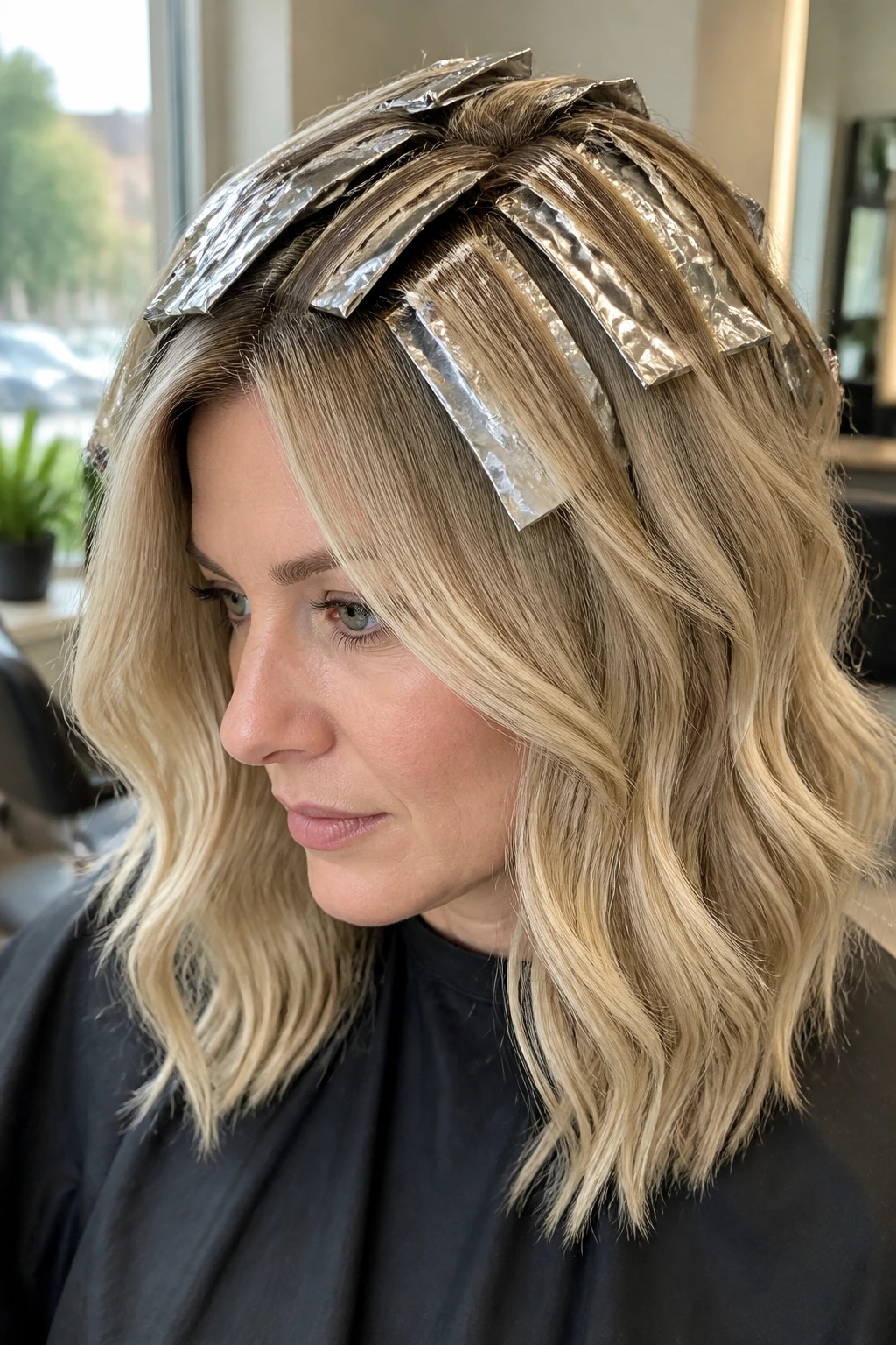 Close-up of real woman's hair with creamy full foil blonde and beige-cream toner