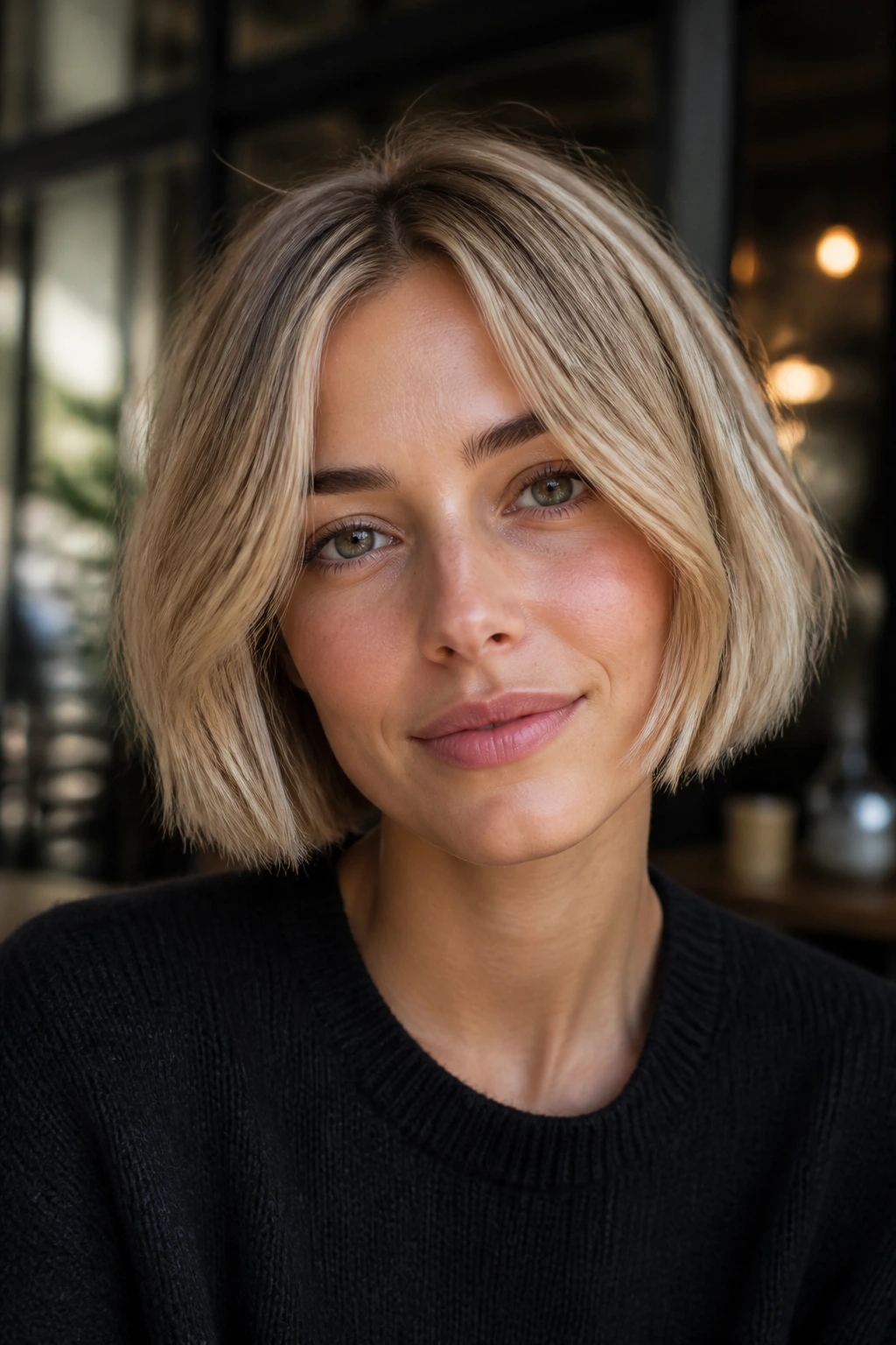 Portrait of a person with creamy French bob in beige tones