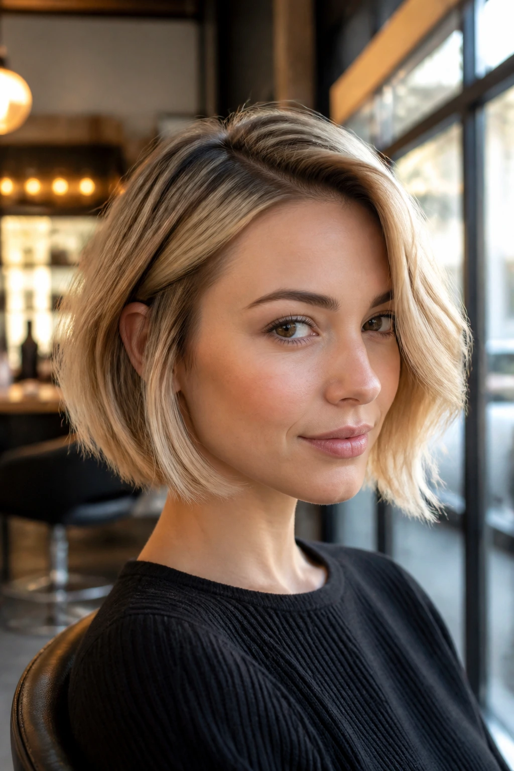 Close-up of a real woman with a chin-length Creamy French Bob and soft side part in warm natural light.