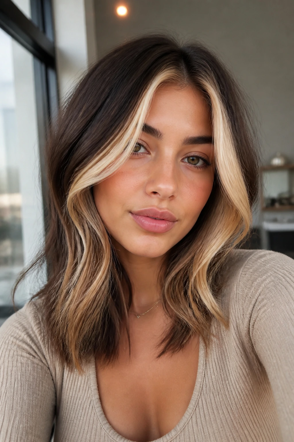Portrait with bright creamy front pieces framing the face
