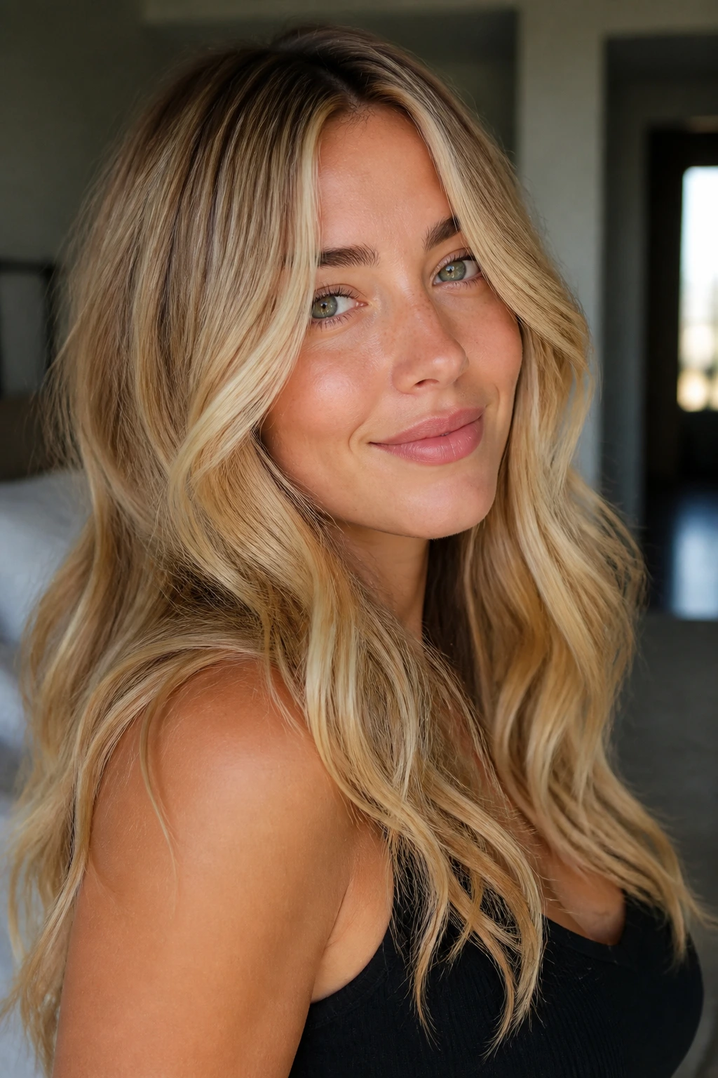 Close-up portrait of creamy golden blonde hair with sun-kissed face framing