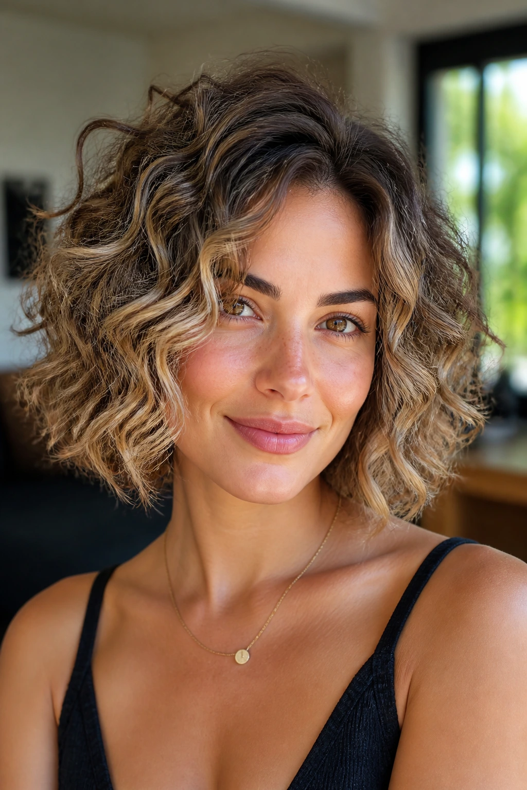 Close-up of a curly bob with creamy latte balayage