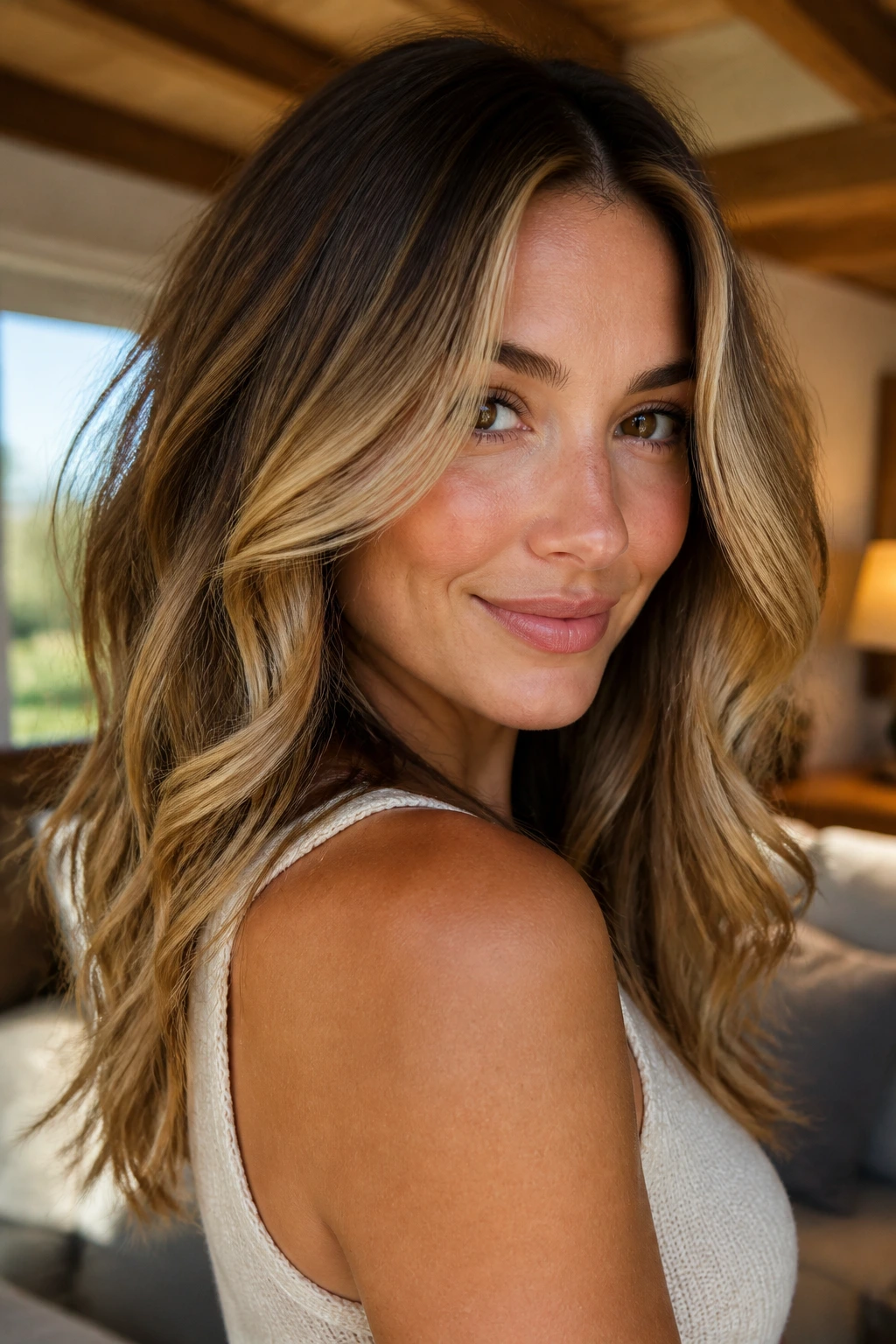 Close-up portrait of a real person with Creamy Mocha-Blonde Blend and warm skin tone.