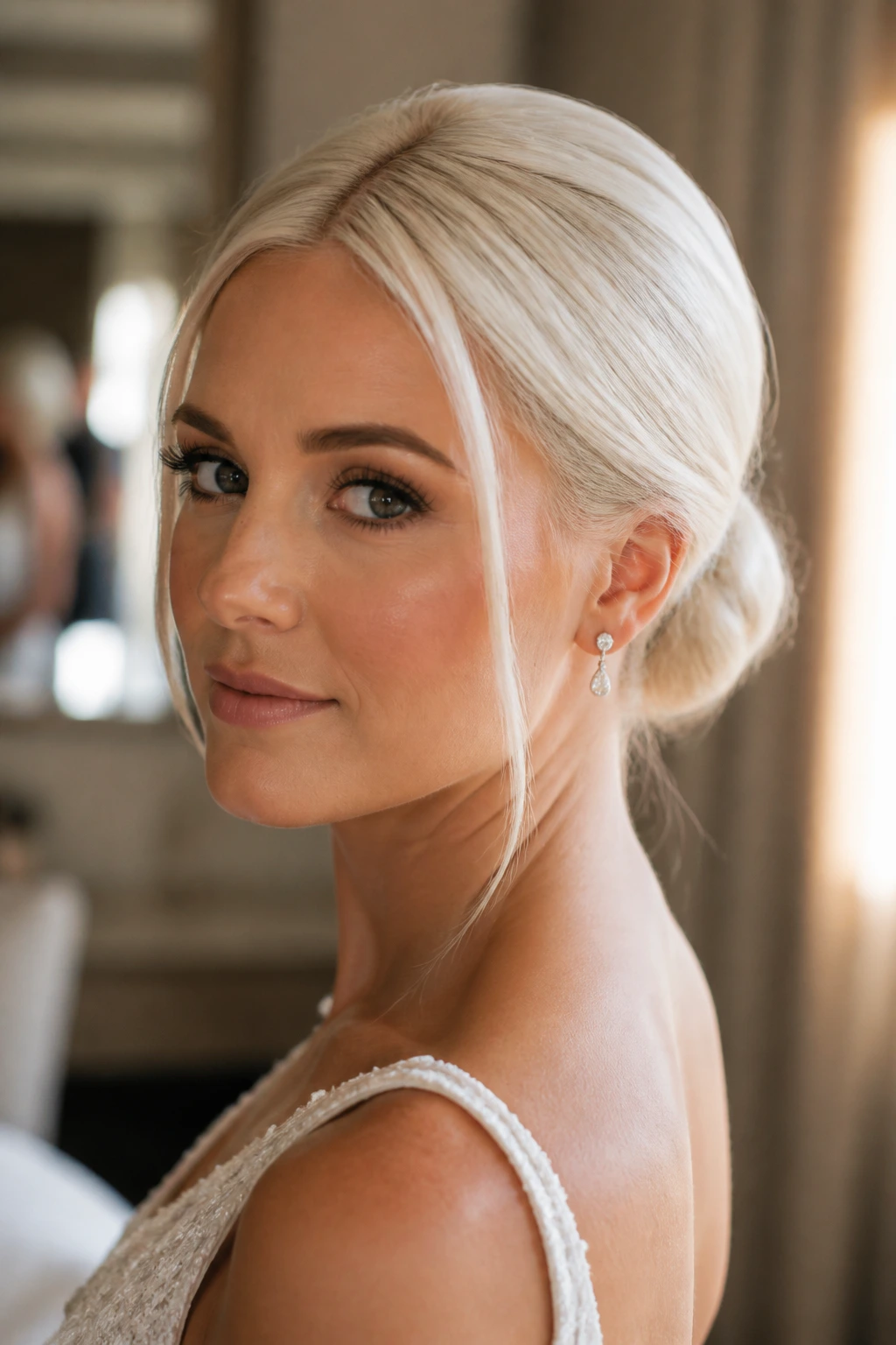 Close-up of a bride with creamy platinum blonde hair in a sleek bun, warm window light.