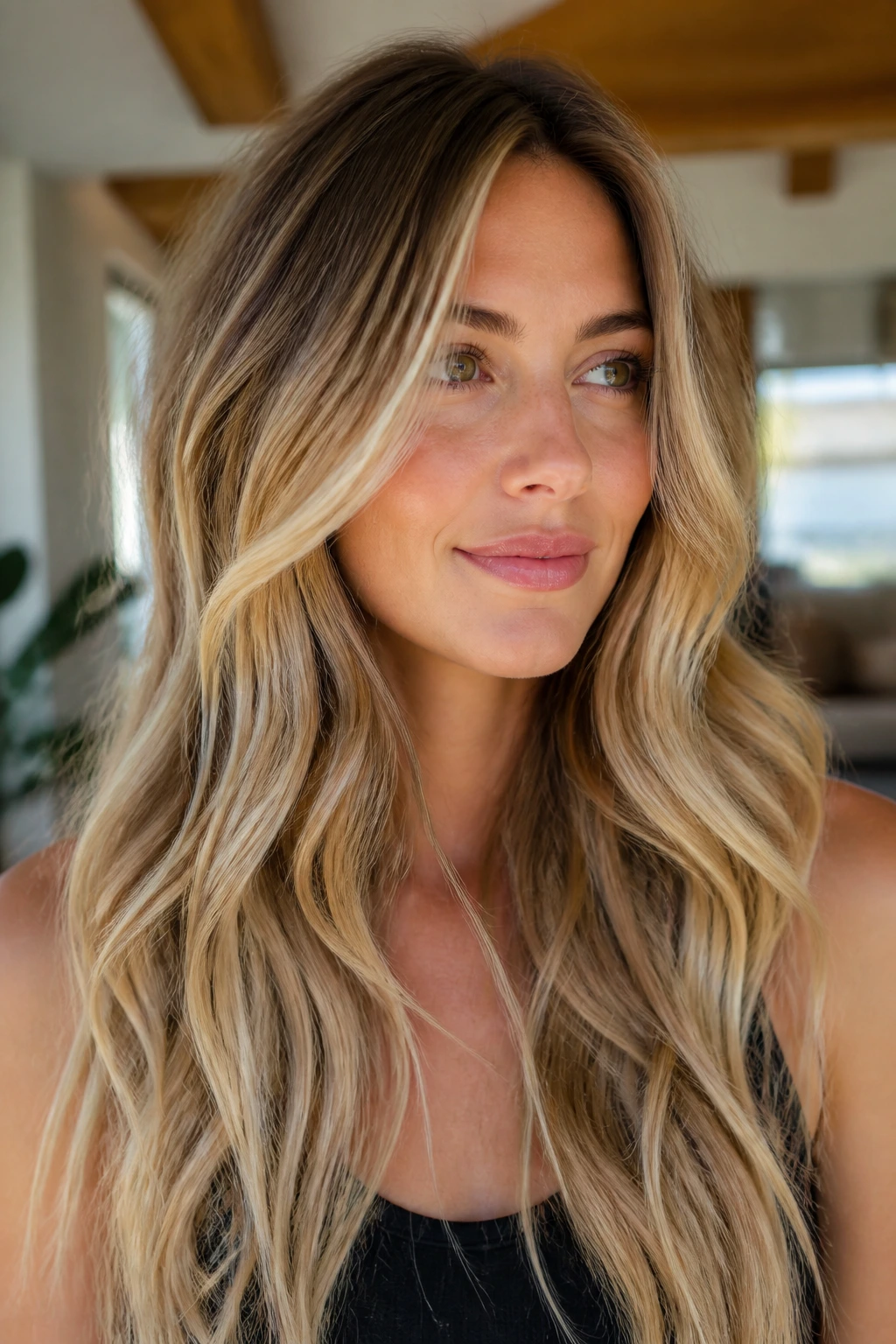 Portrait of a real person with creamy ribbon highlights in long hair.