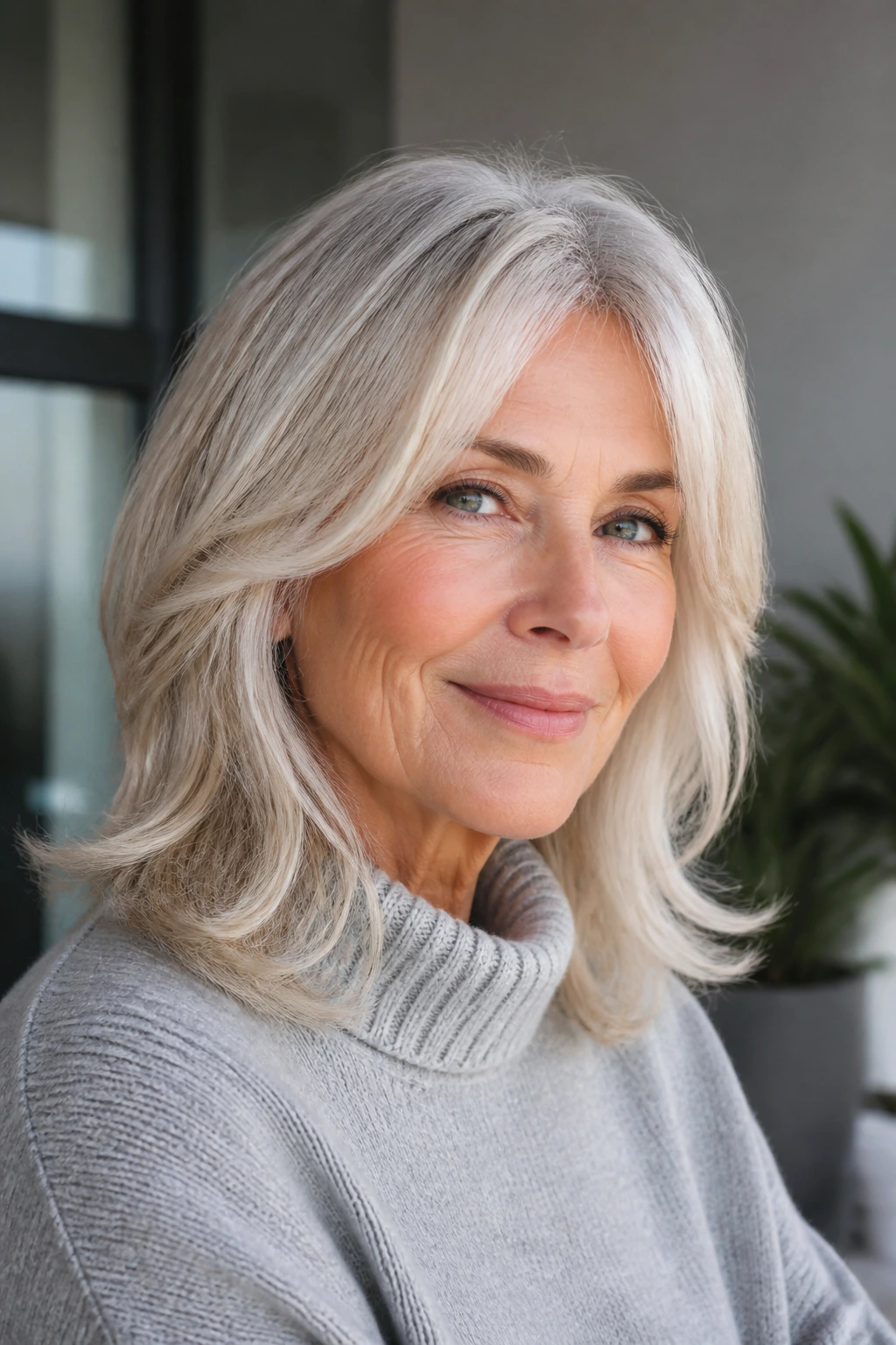 Close-up of a real woman with creamy silver blonde hair in a modern indoor setting